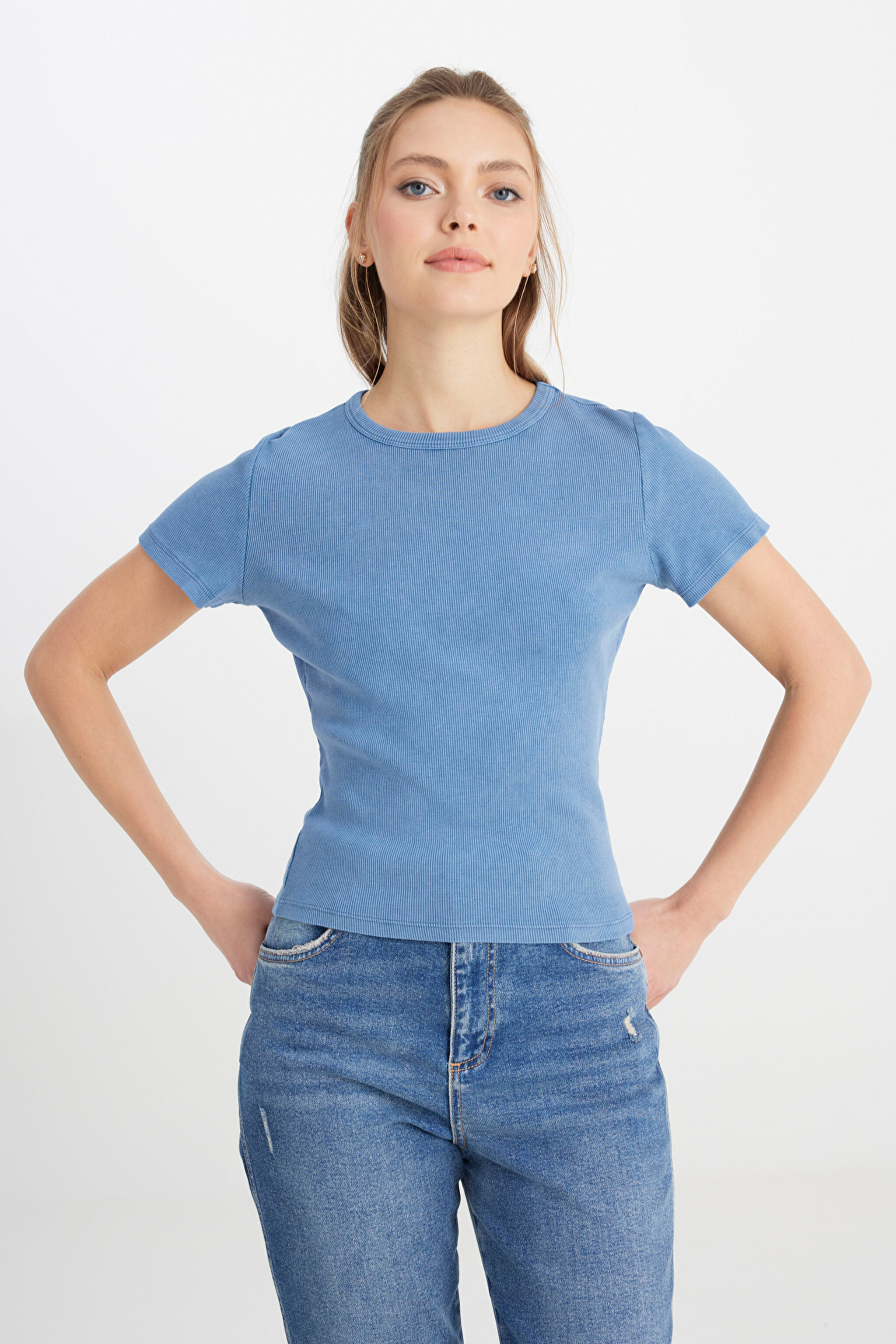 Slim Fit Dar Kesim Bisiklet Yaka Lacivert Tişört - İndigo-W241600TF (görsel 4)