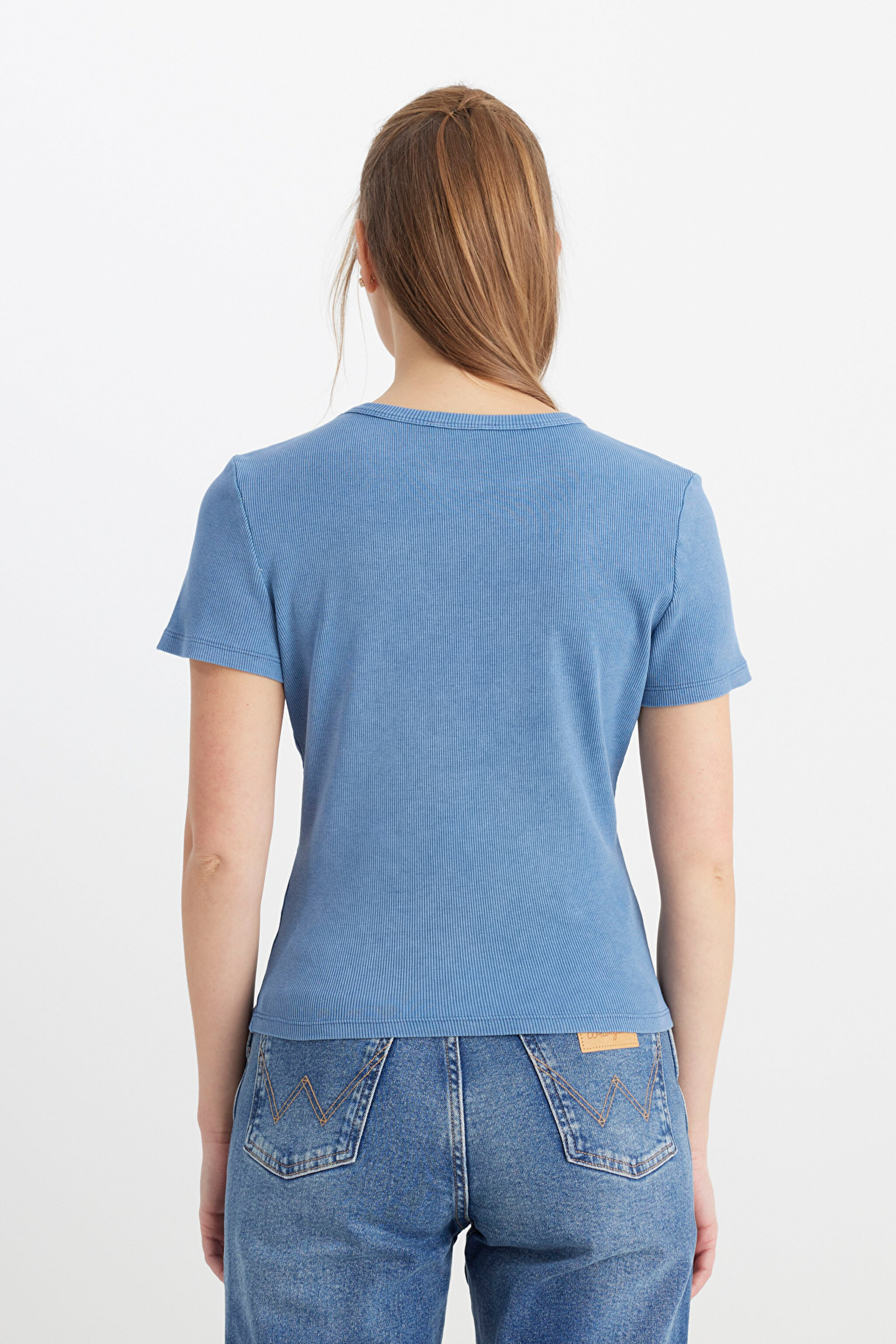 Slim Fit Dar Kesim Bisiklet Yaka Lacivert Tişört - İndigo-W241600TF (görsel 5)