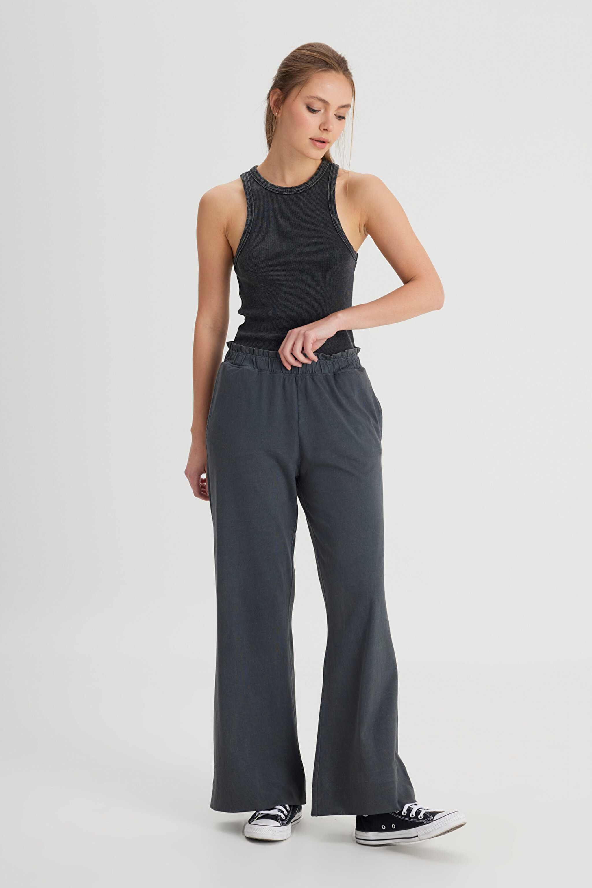 Loose Fit Rahat Kesim Yüksek Bel Geniş Paça %100 Pamuk Antrasit Sweatpant Eşofman