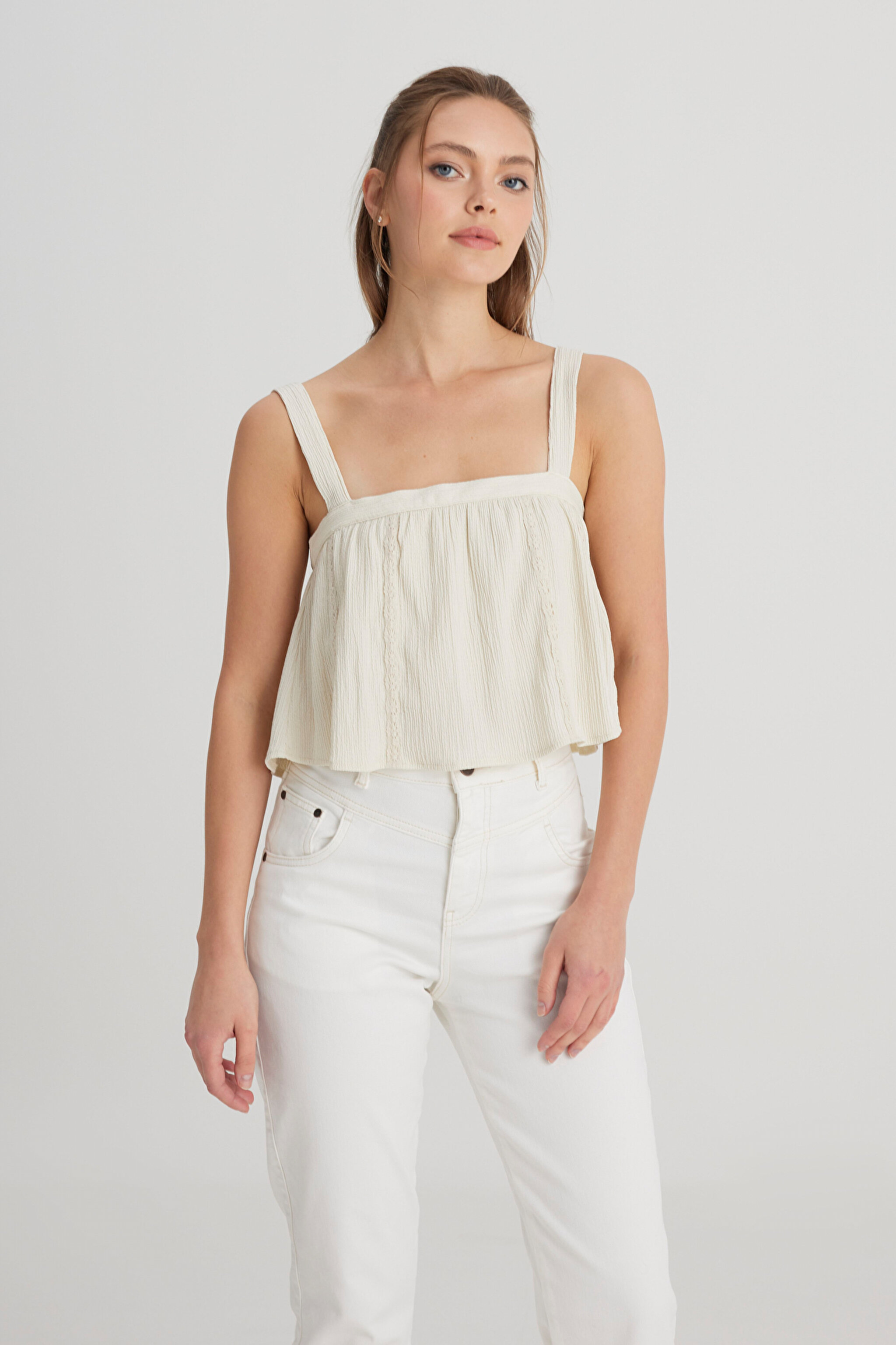 Relaxed Fit Geniş Kesim Kare Yaka Ekru Bluz - Ecru-W241604104 (görsel 4)