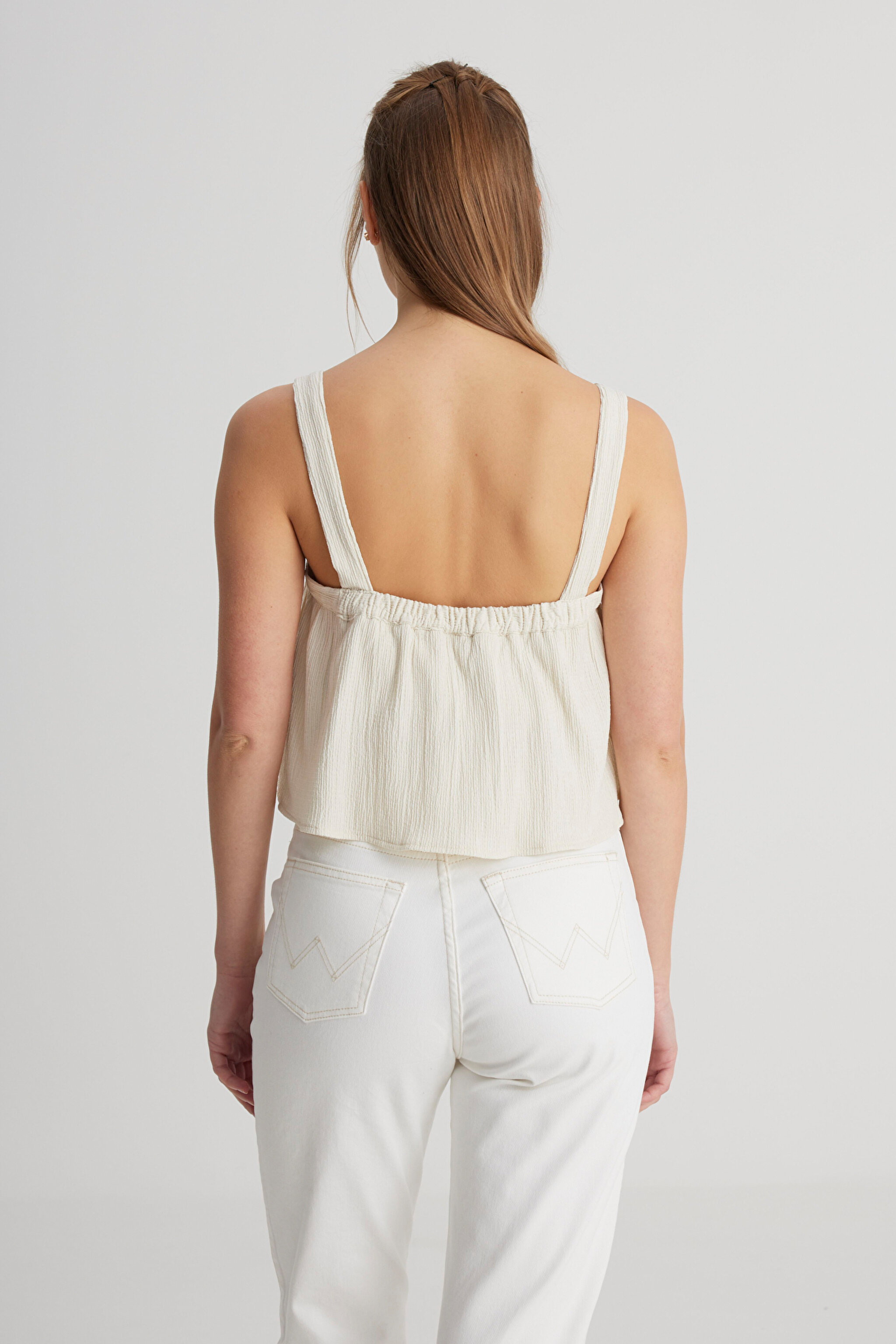 Relaxed Fit Geniş Kesim Kare Yaka Ekru Bluz - Ecru-W241604104 (görsel 5)