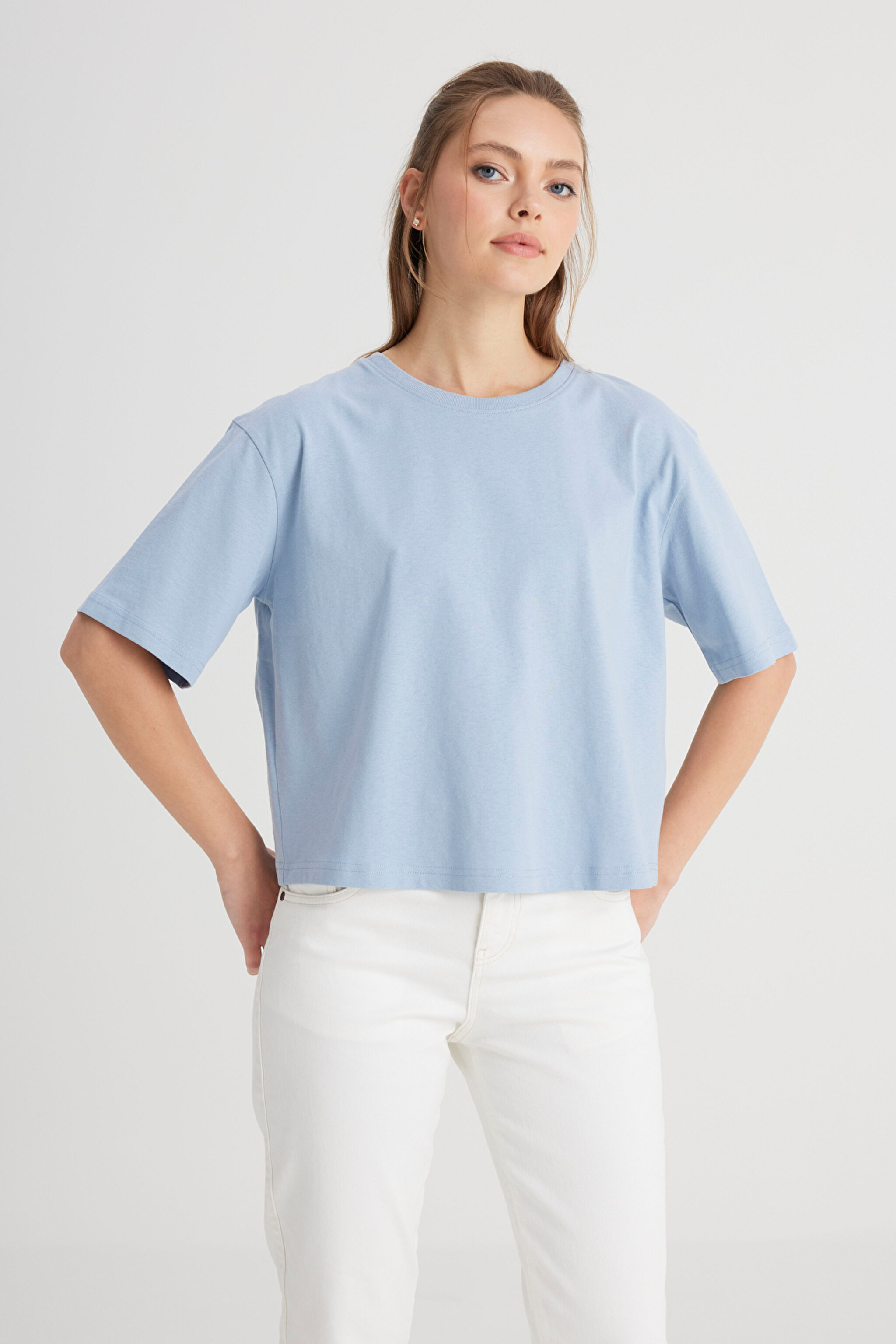 Relaxed Fit Geniş Kesim Bisiklet Yaka %100 Pamuk Mavi Tişört