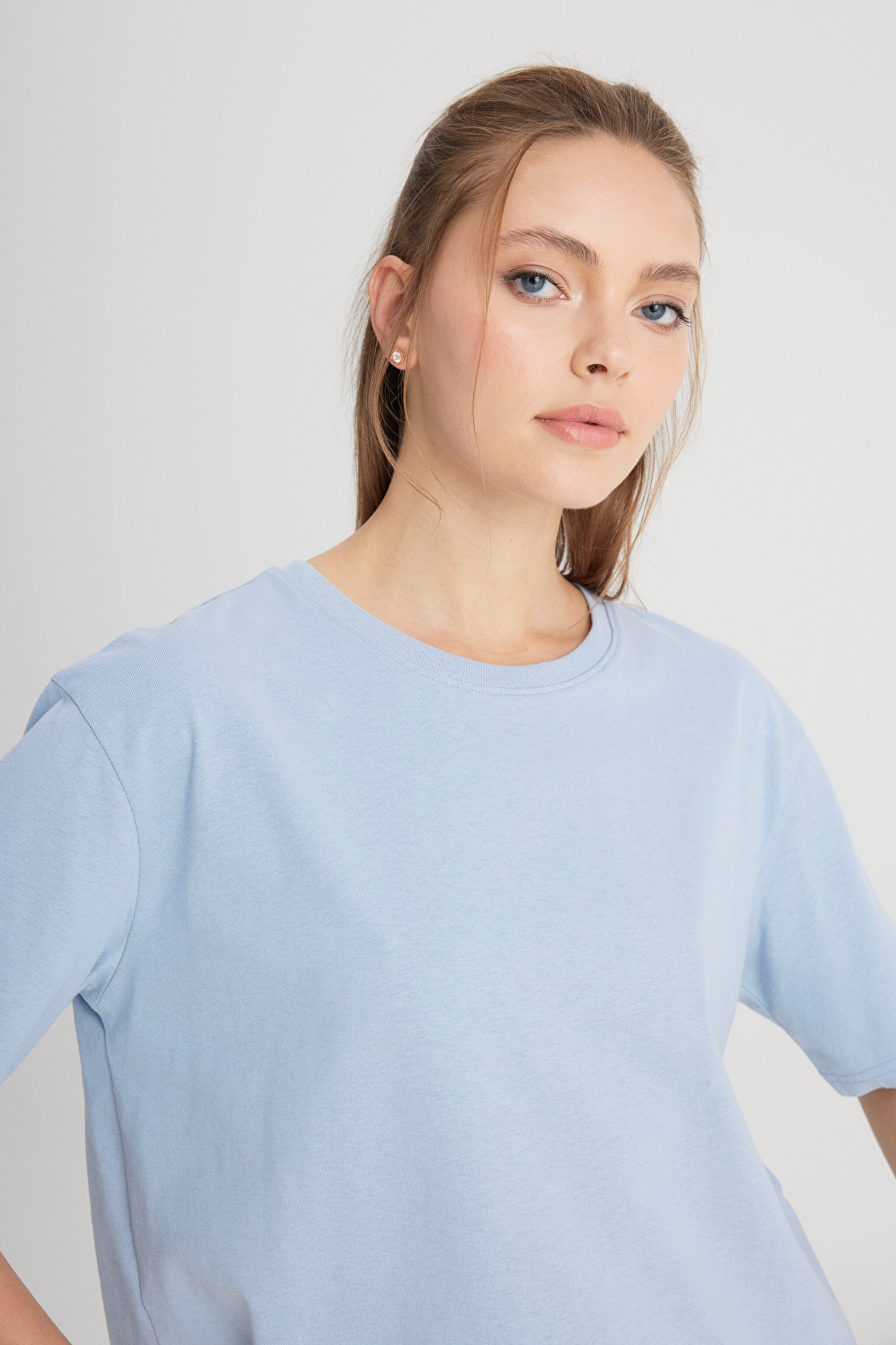 Relaxed Fit Geniş Kesim Bisiklet Yaka %100 Pamuk Mavi Tişört - Fresh Water-W241608A18 (görsel 2)