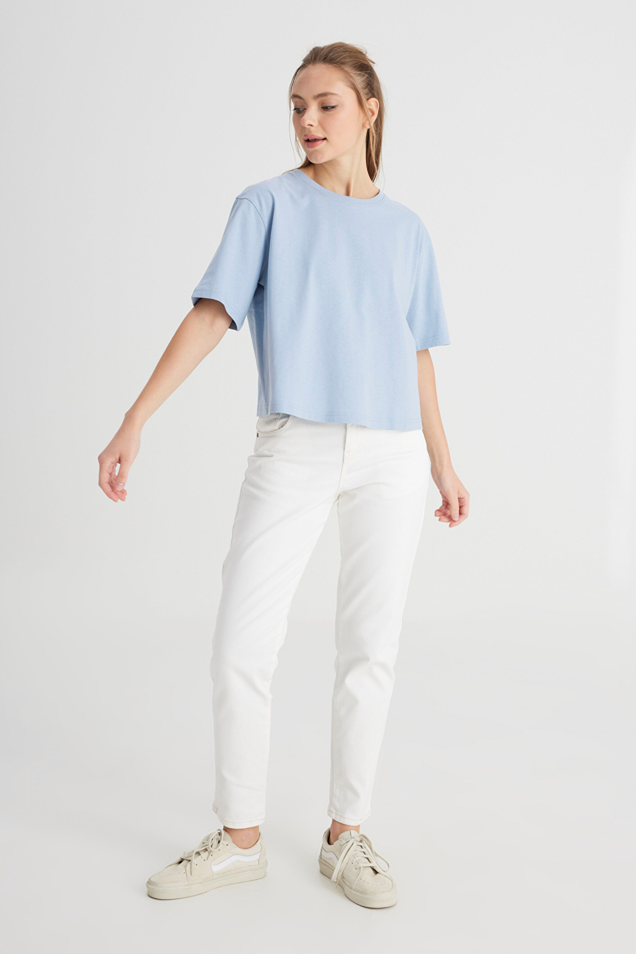 Relaxed Fit Geniş Kesim Bisiklet Yaka %100 Pamuk Mavi Tişört - Fresh Water-W241608A18 (görsel 3)