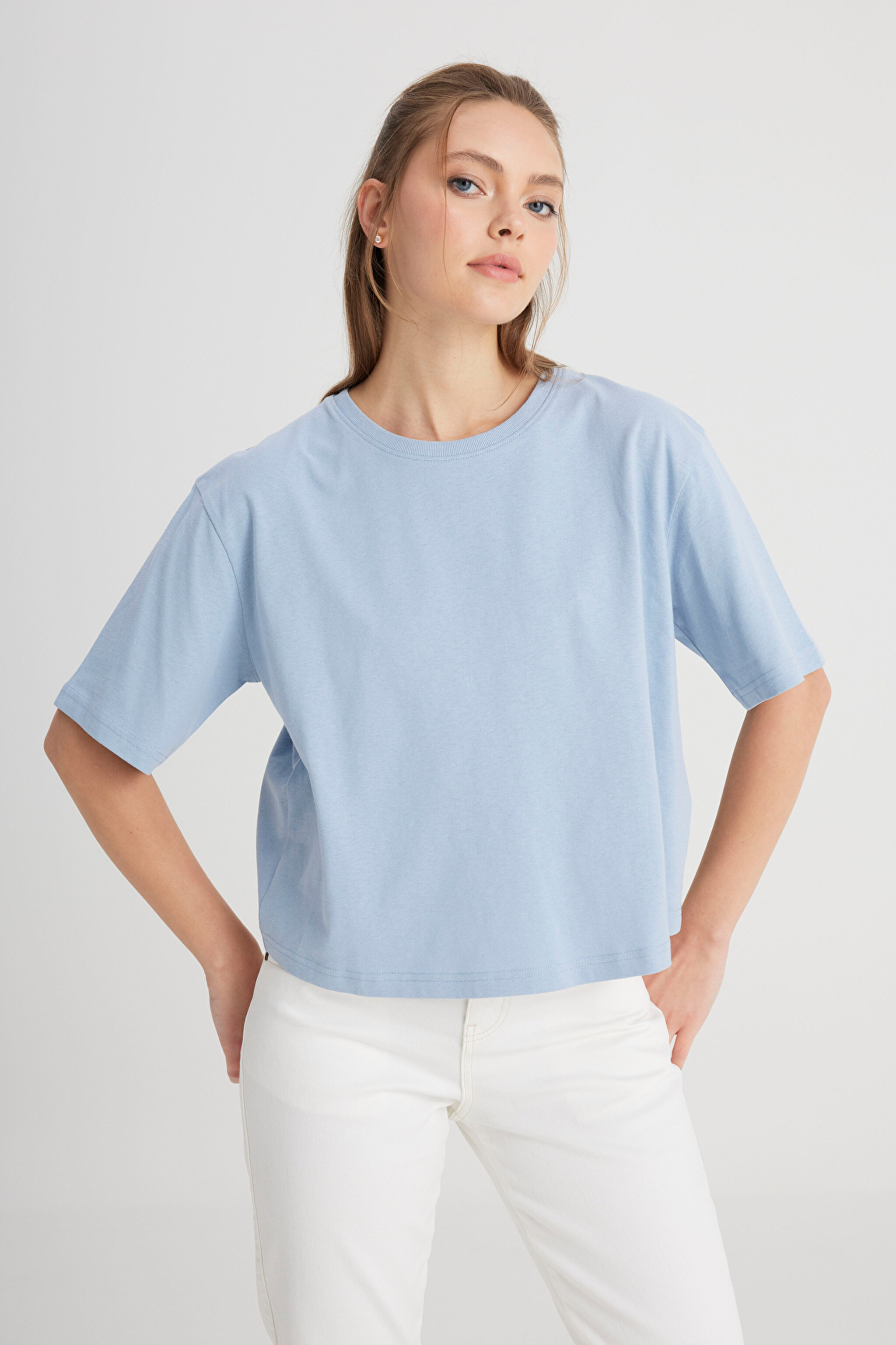 Relaxed Fit Geniş Kesim Bisiklet Yaka %100 Pamuk Mavi Tişört - Fresh Water-W241608A18 (görsel 4)