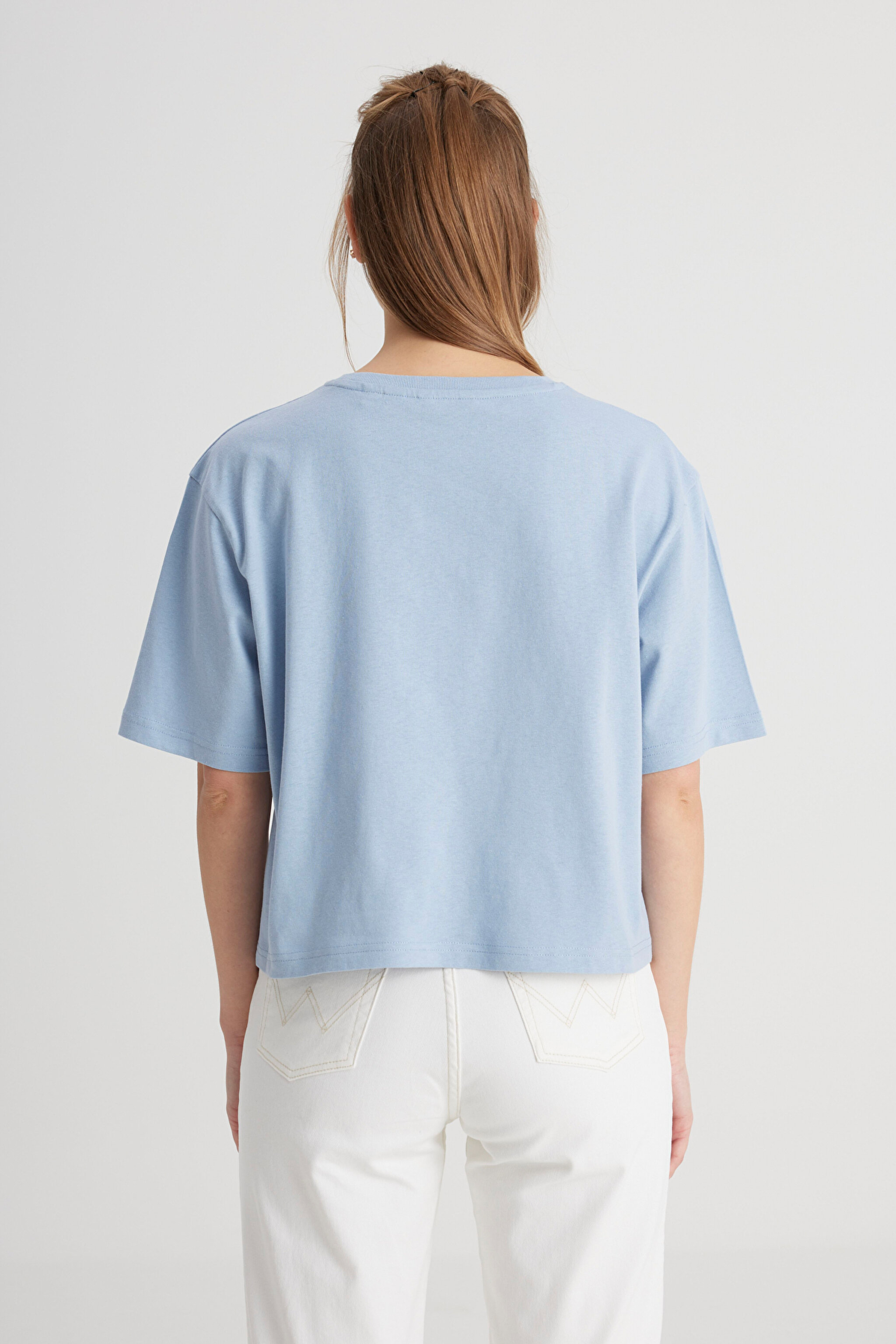Relaxed Fit Geniş Kesim Bisiklet Yaka %100 Pamuk Mavi Tişört - Fresh Water-W241608A18 (görsel 5)
