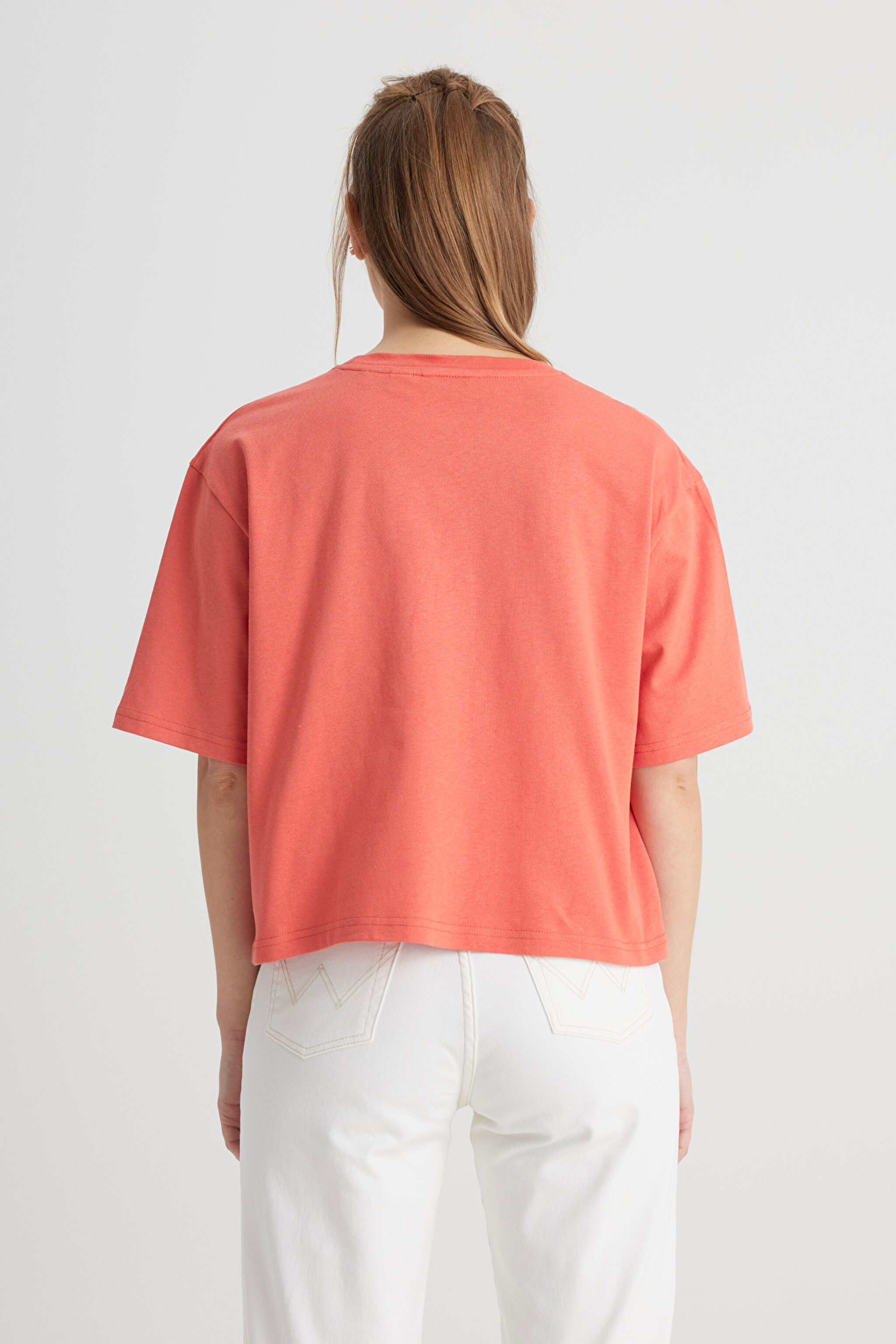 Relaxed Fit Geniş Kesim Bisiklet Yaka %100 Pamuk Turuncu Tişört - Poppy-W241608B50 (görsel 5)
