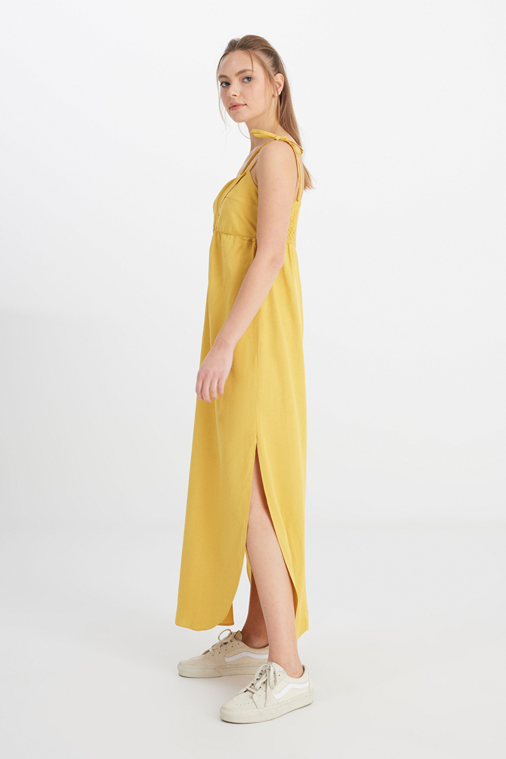 Regular Fit Normal Kesim Kare Yaka Hardal Rengi Elbise - Mustard-W241610210 (görsel 2)