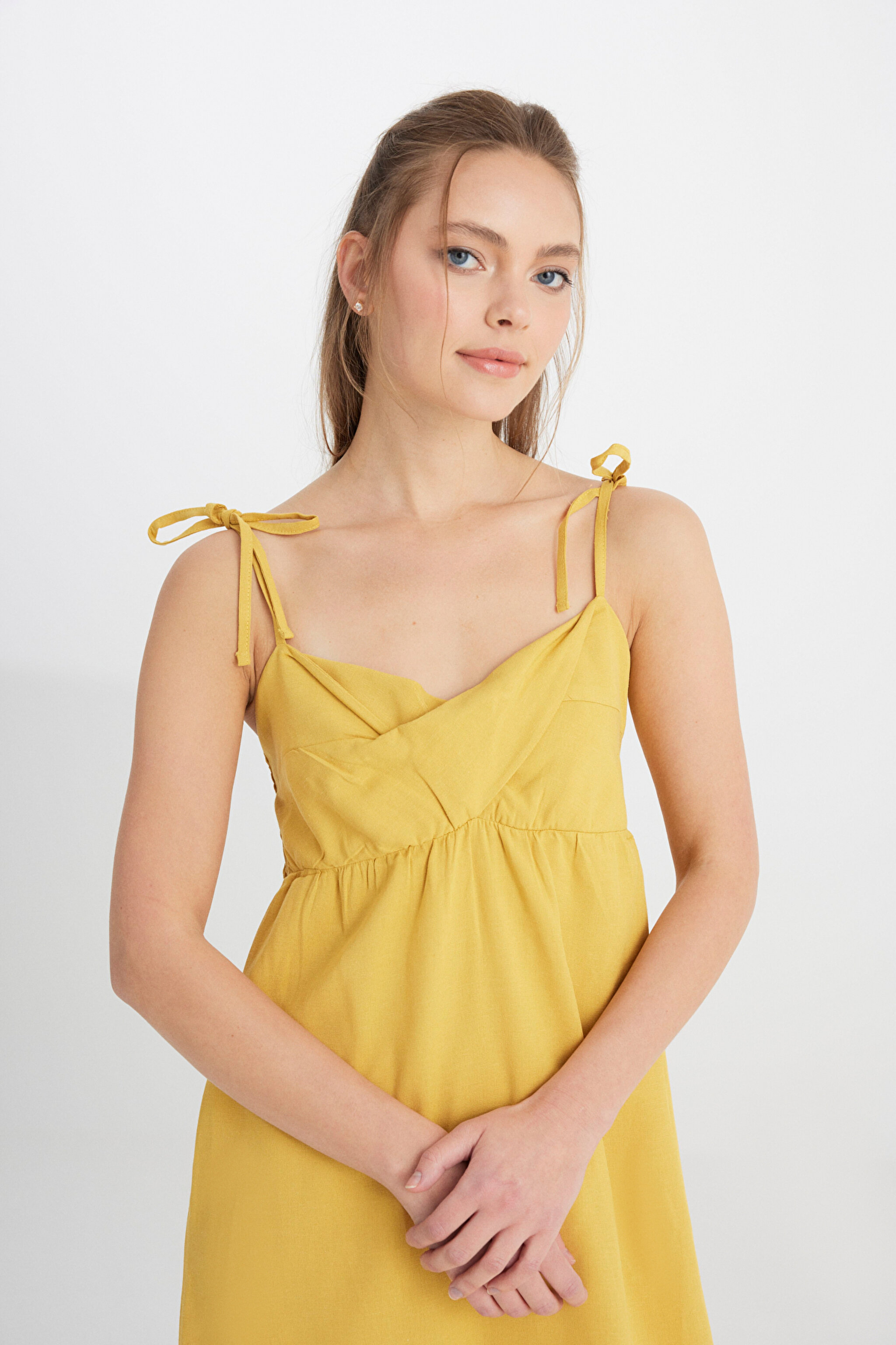 Regular Fit Normal Kesim Kare Yaka Hardal Rengi Elbise - Mustard-W241610210 (görsel 3)