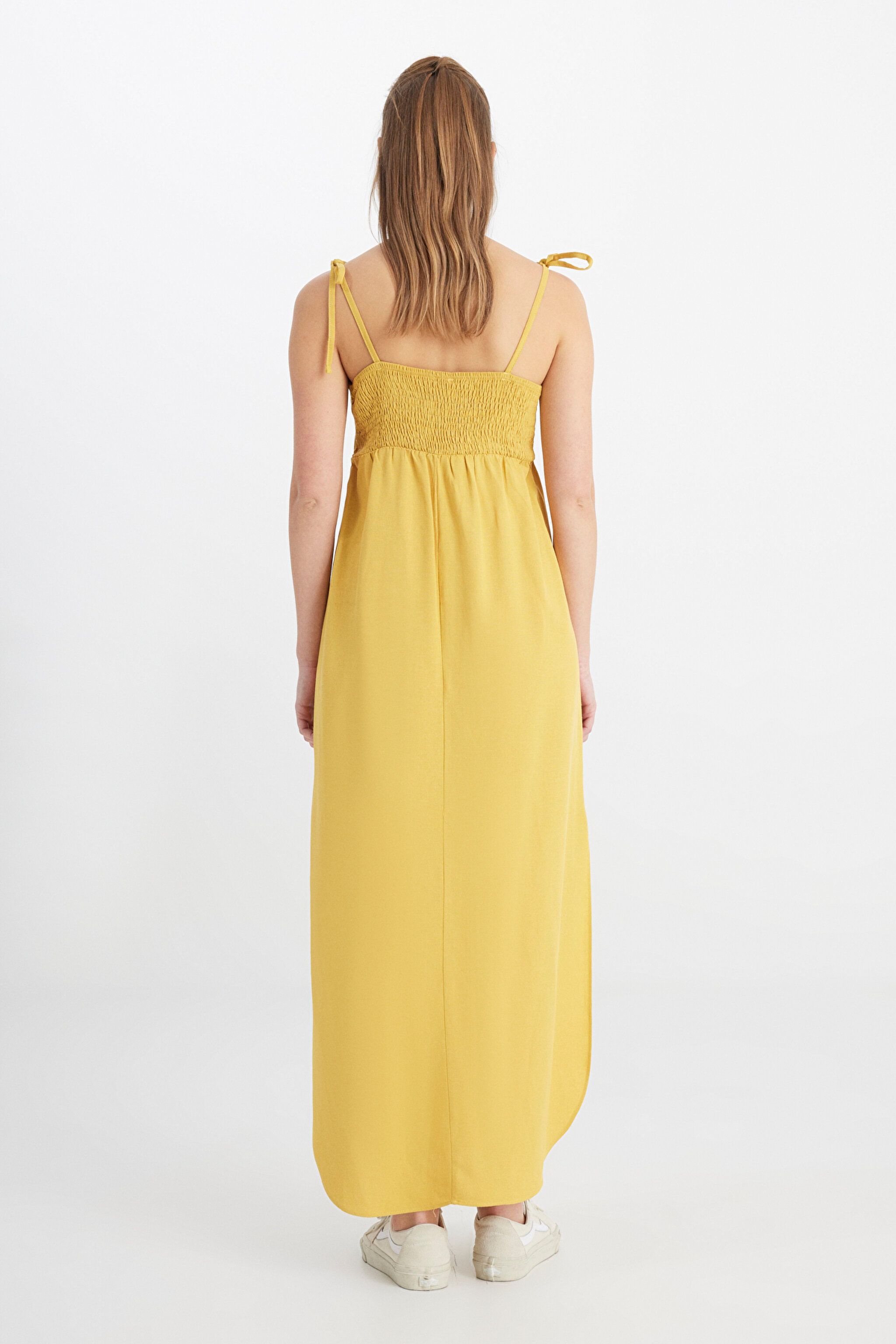Regular Fit Normal Kesim Kare Yaka Hardal Rengi Elbise - Mustard-W241610210 (görsel 5)