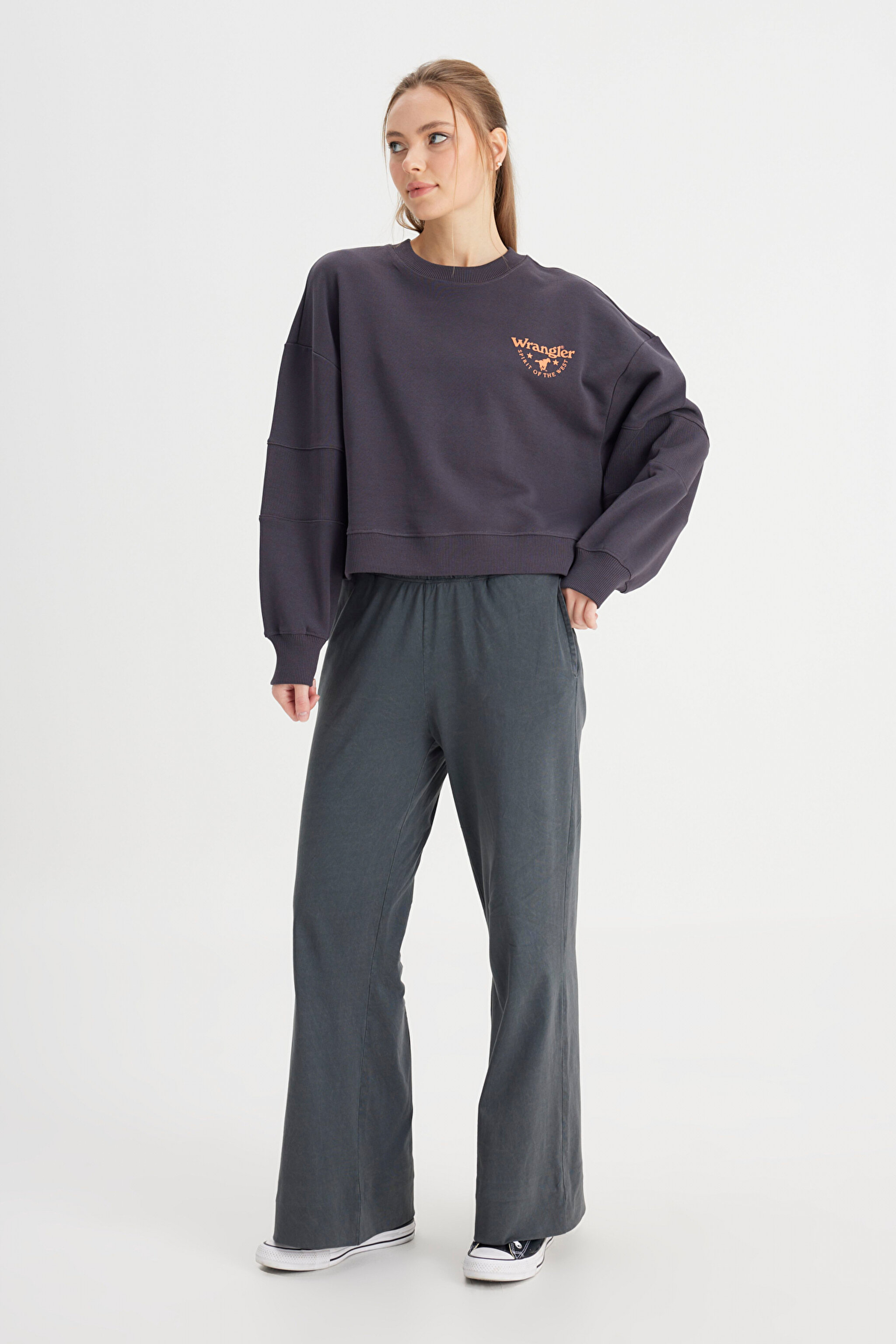 Relaxed Fit Geniş Kesim Bisiklet Yaka %100 Pamuk Siyah Sweatshirt - Faded Black-W24161433W (görsel 4)