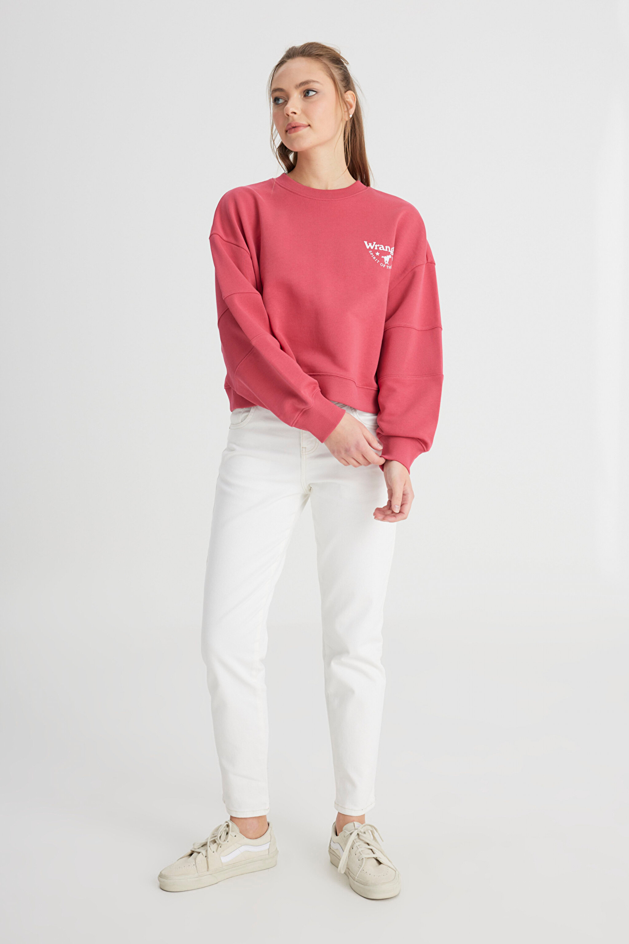 Relaxed Fit Geniş Kesim Bisiklet Yaka %100 Pamuk Bordo Sweatshirt - Wine-W241614810 (görsel 3)