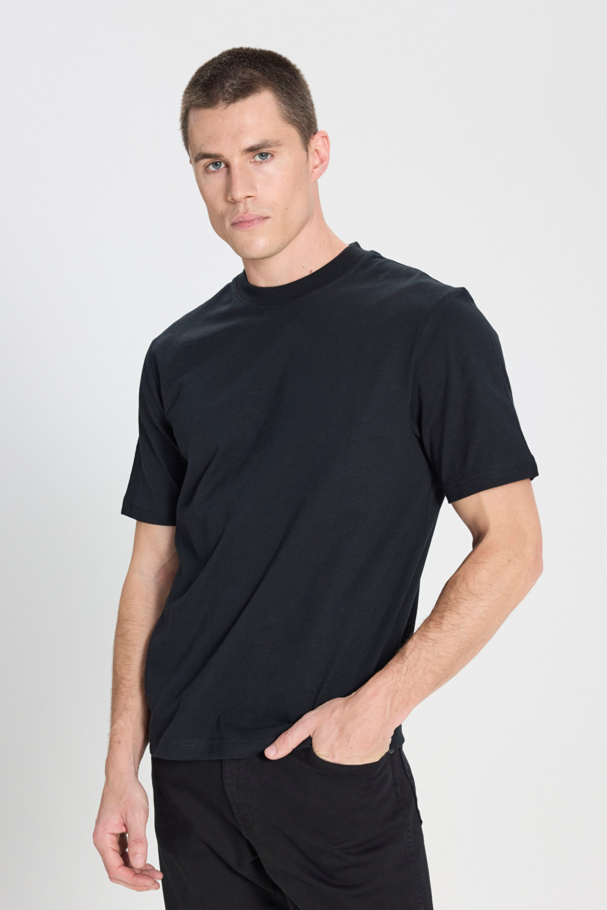 Regular Fit Normal Kesim Bisiklet Yaka %100 Pamuk Siyah Tişört - Black-W241673301 (görsel 2)