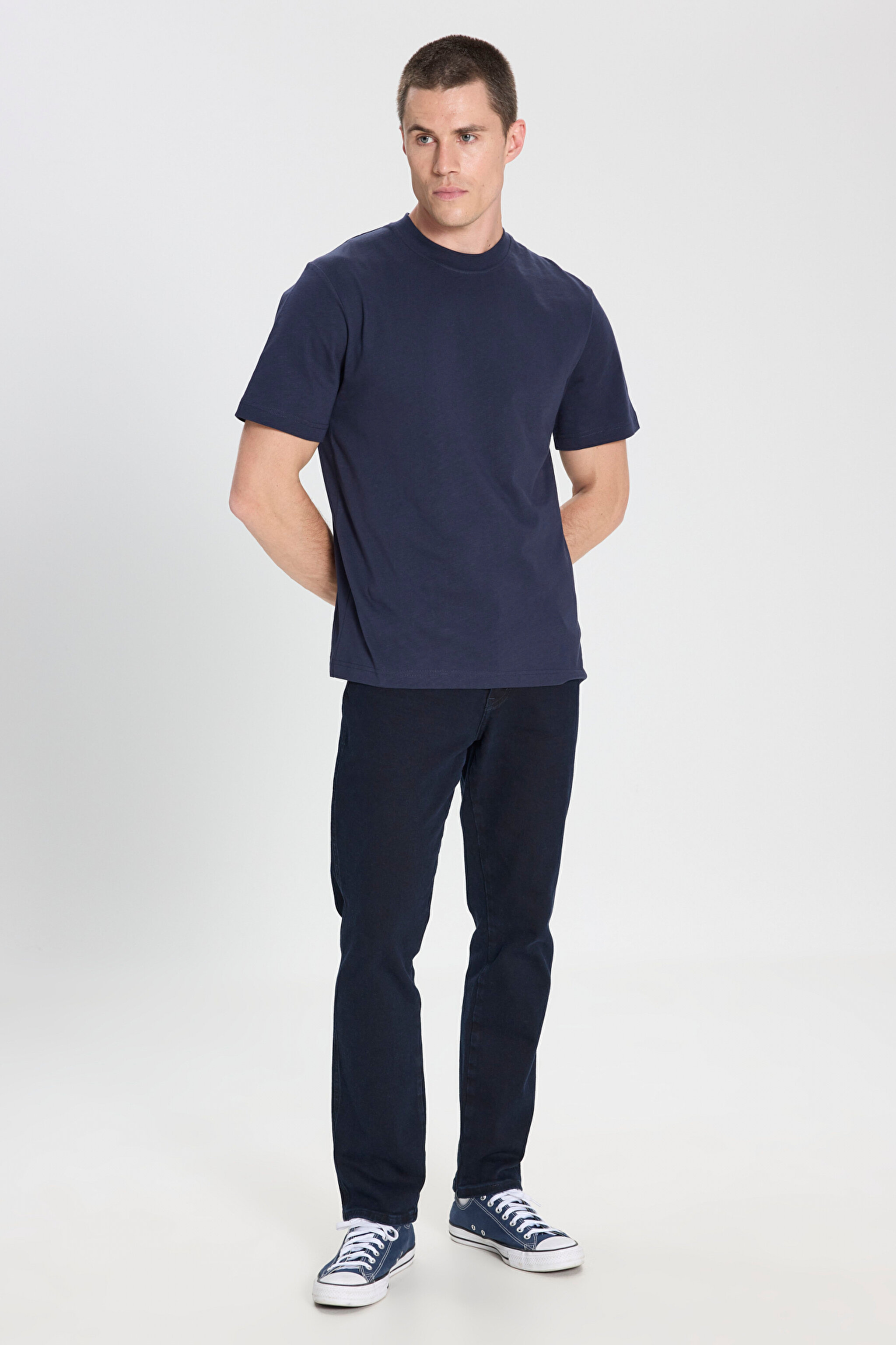 Regular Fit Normal Kesim Bisiklet Yaka %100 Pamuk Lacivert Tişört - Navy-W241673410 (görsel 3)