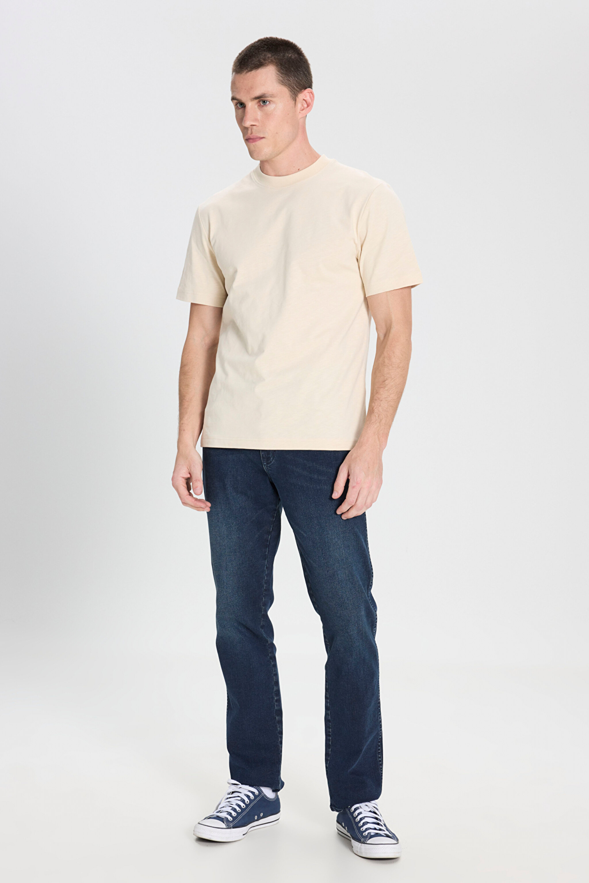 Regular Fit Normal Kesim Bisiklet Yaka %100 Pamuk Bej Tişört - Beige-W241673614 (görsel 4)