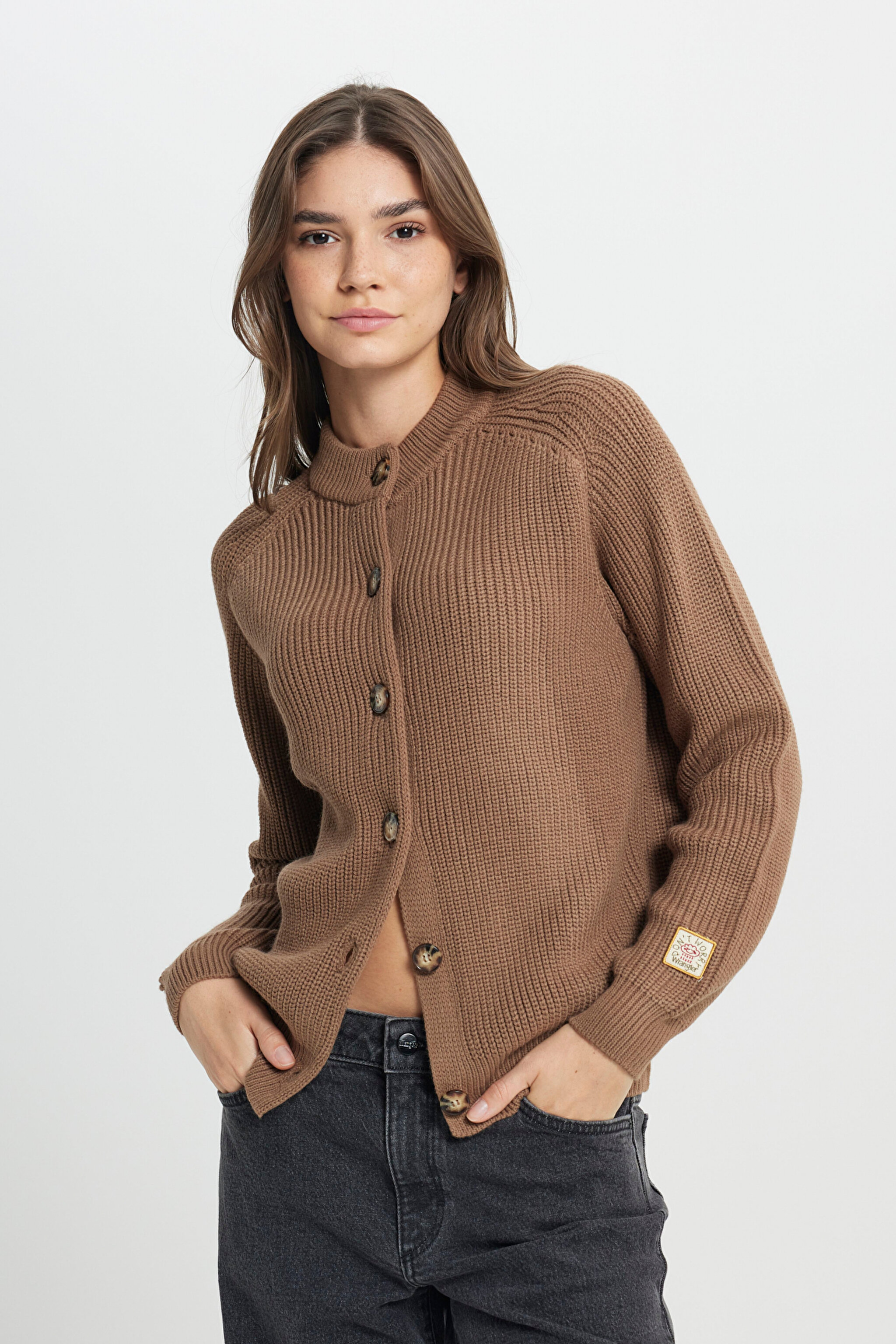 Regular Fit Normal Kesim Düğme Detaylı Camel Triko Kazak - Dark Camel-W242192825 (görsel 3)