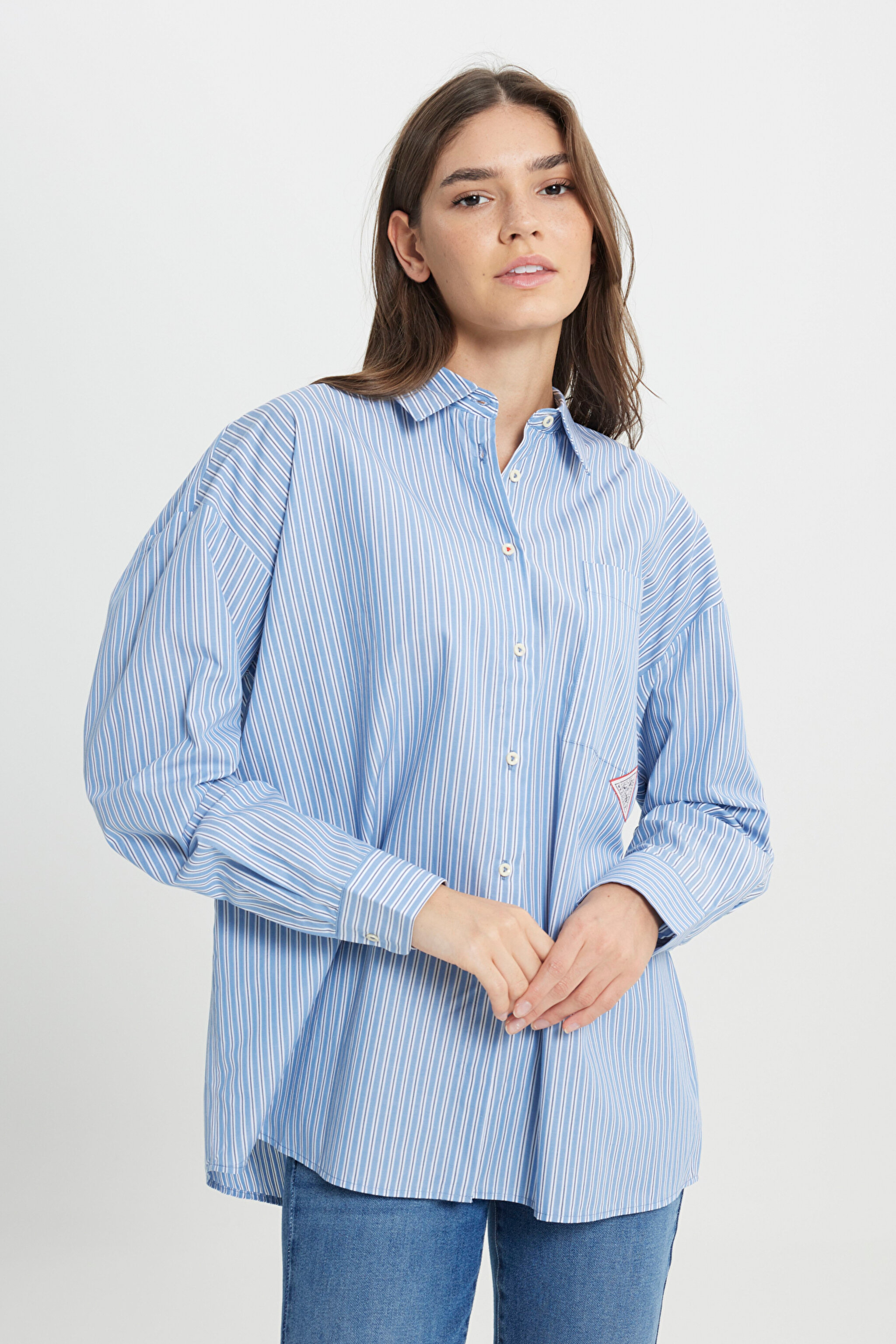 Loose Fit Rahat Kesim %100 Pamuk İndigo Gömlek - Indigo-W242194315 (görsel 3)