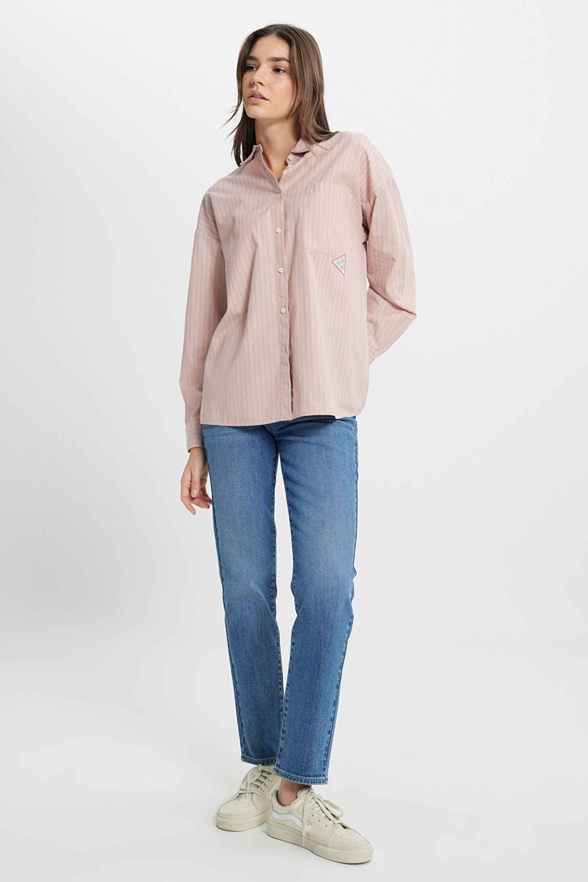 Loose Fit Rahat Kesim %100 Pamuk Bej Gömlek - Beige-W242194614 (görsel 3)