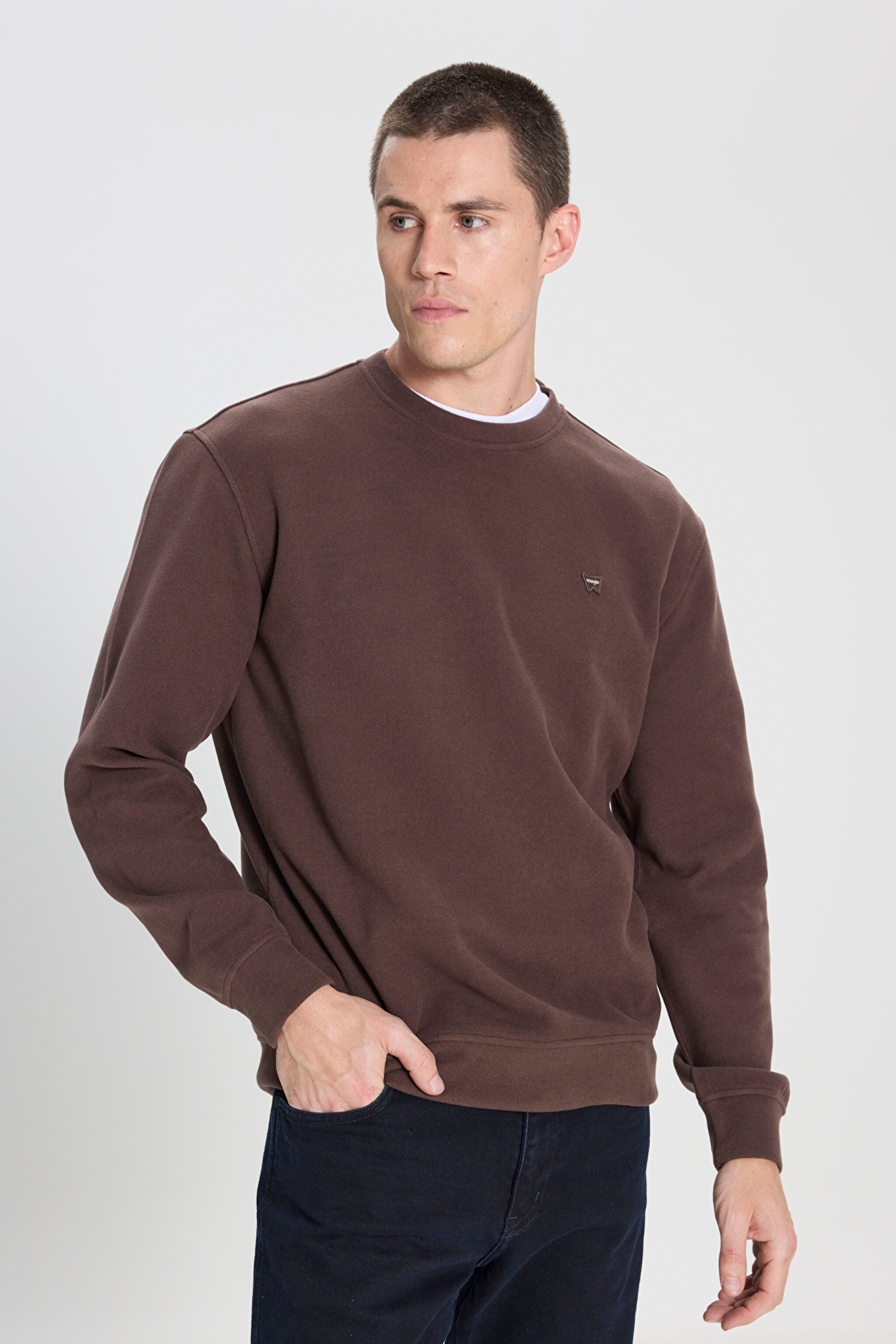 Regular Fit Normal Kesim Bisiklet Yaka Koyu Kahverengi Sweatshirt