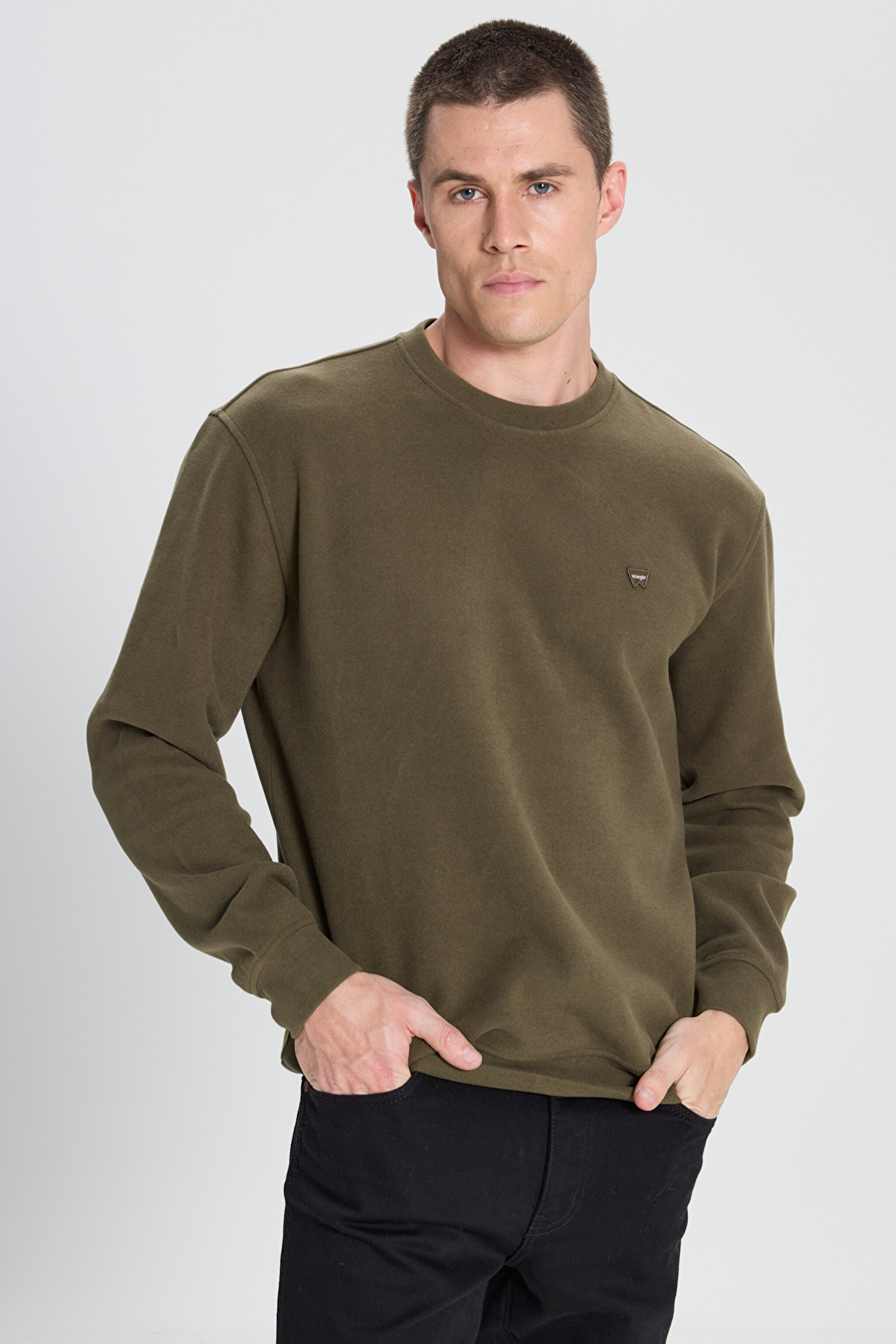 Regular Fit Normal Kesim Bisiklet Yaka Haki Sweatshirt