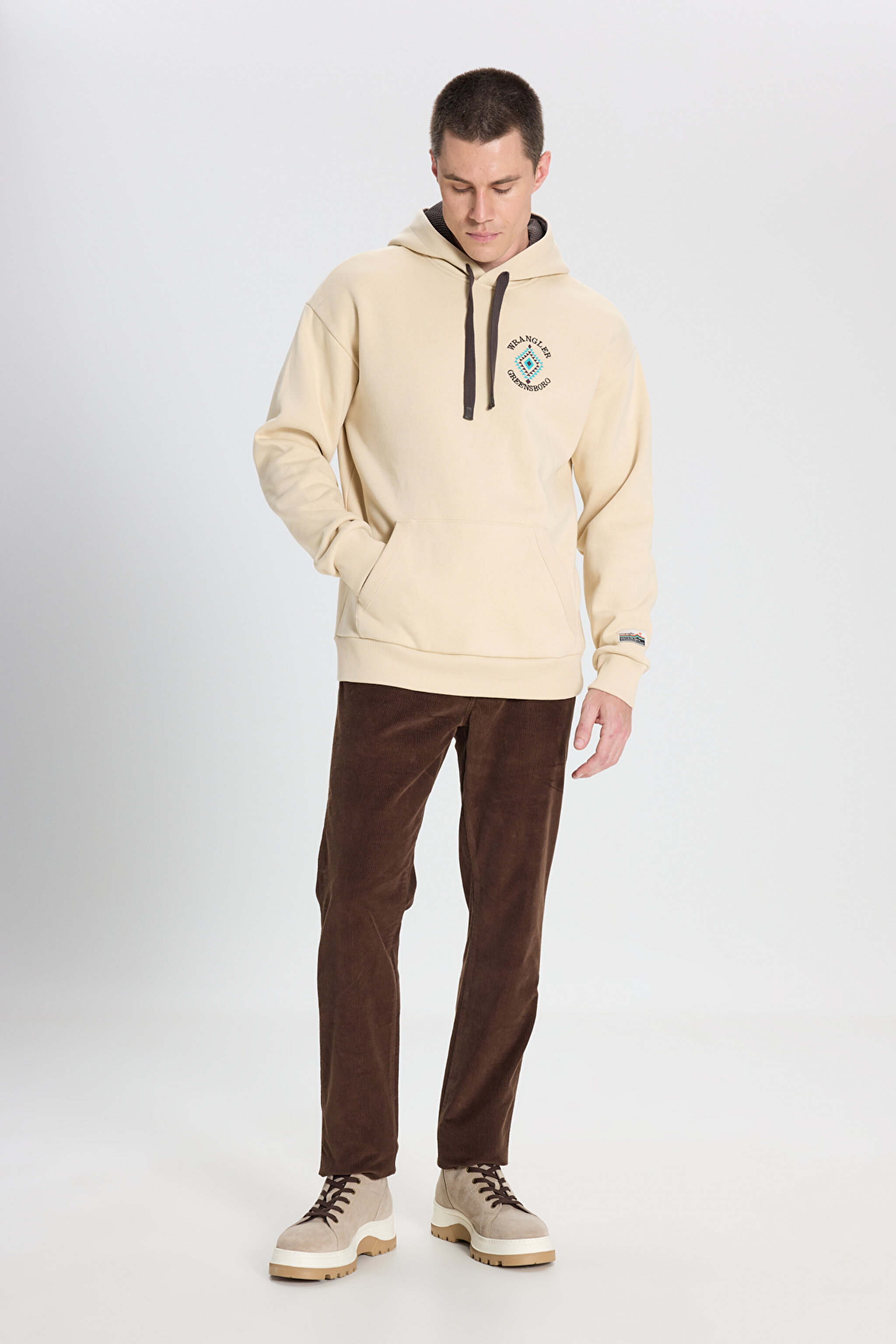 Relaxed Fit Geniş Kesim Kapüşonlu İçi Polarlı Bej Sweatshirt - Beige-W242279614 (görsel 3)