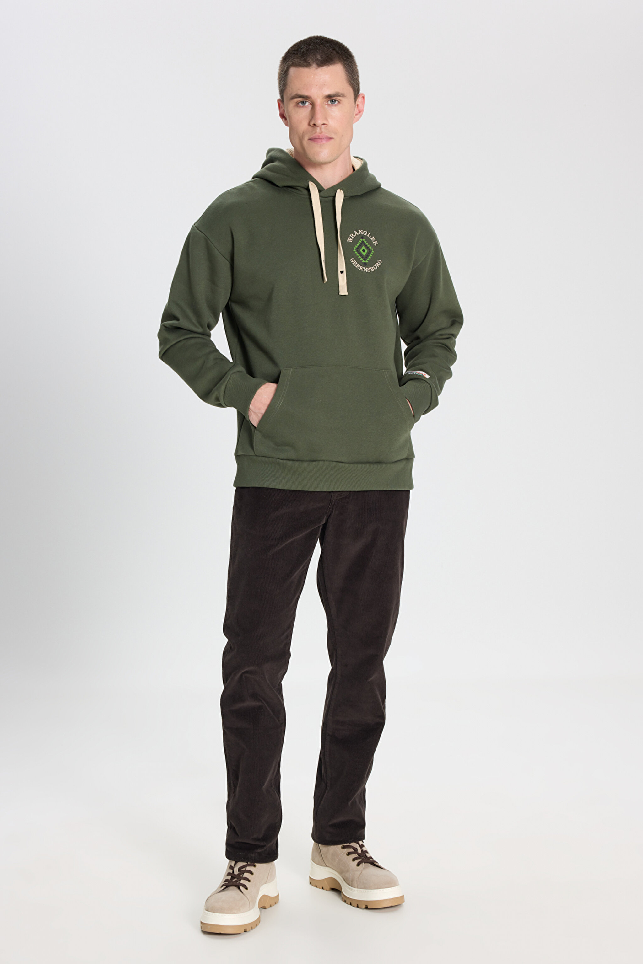 Relaxed Fit Geniş Kesim Kapüşonlu İçi Polarlı Haki Sweatshirt - Khaki-W242279801 (görsel 3)