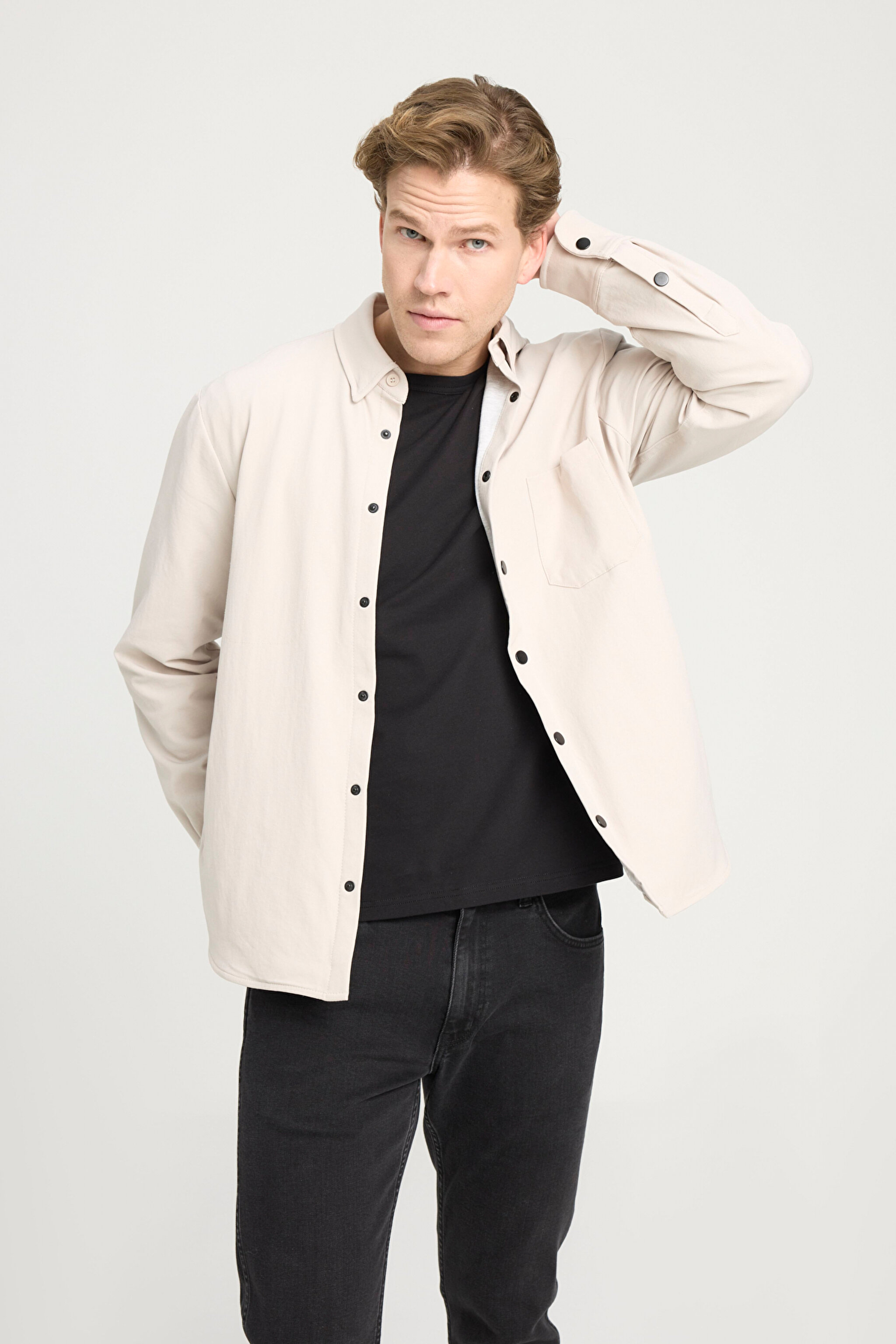 Loose Fit Rahat Kesim Bej Gömlek Ceket - Beige-W242423614 (görsel 3)