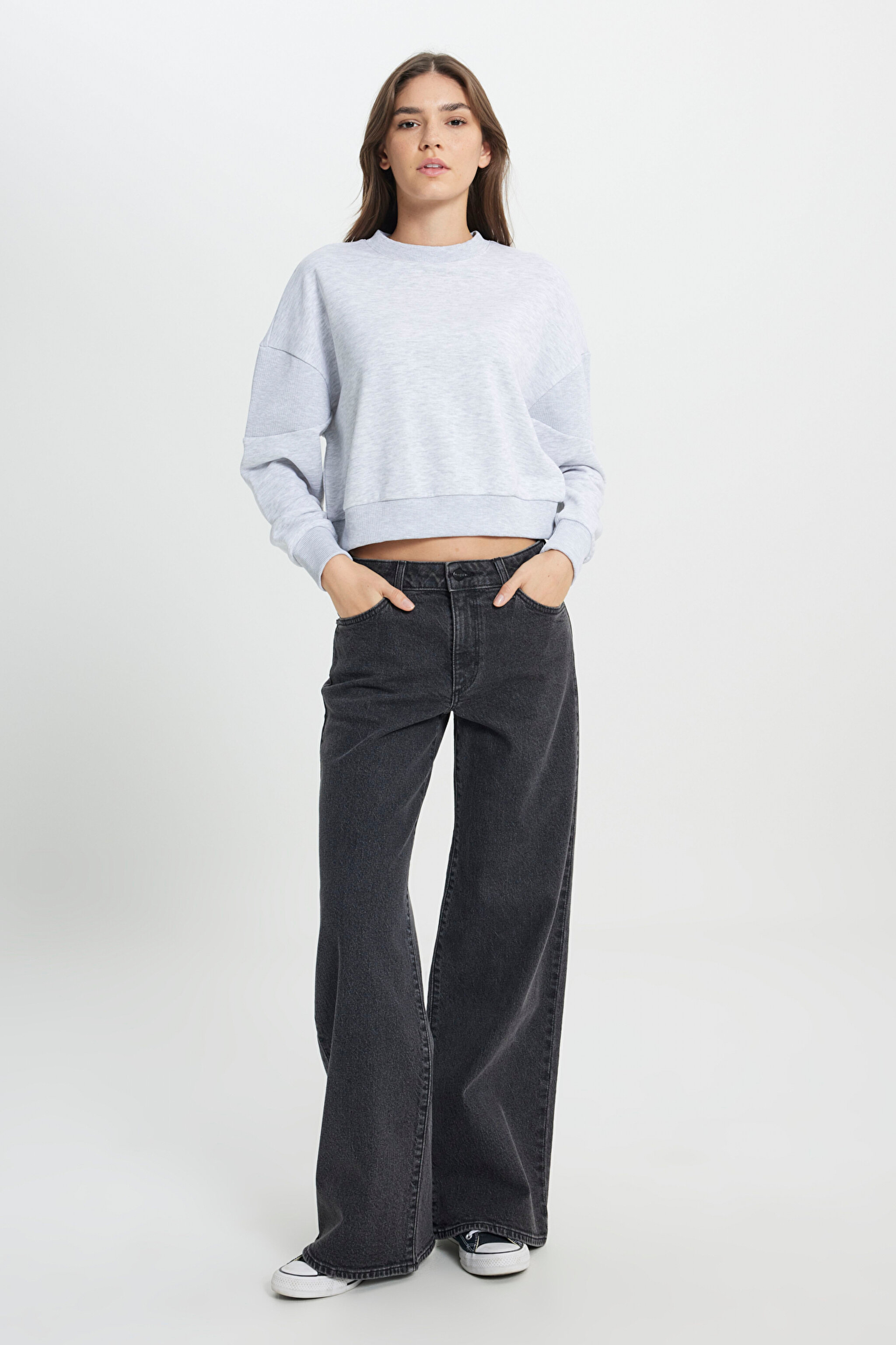 Relaxed Fit Geniş Kesim Bisiklet Yaka Gri Melanj Sweatshirt - Gray Melange-W242451036 (görsel 5)
