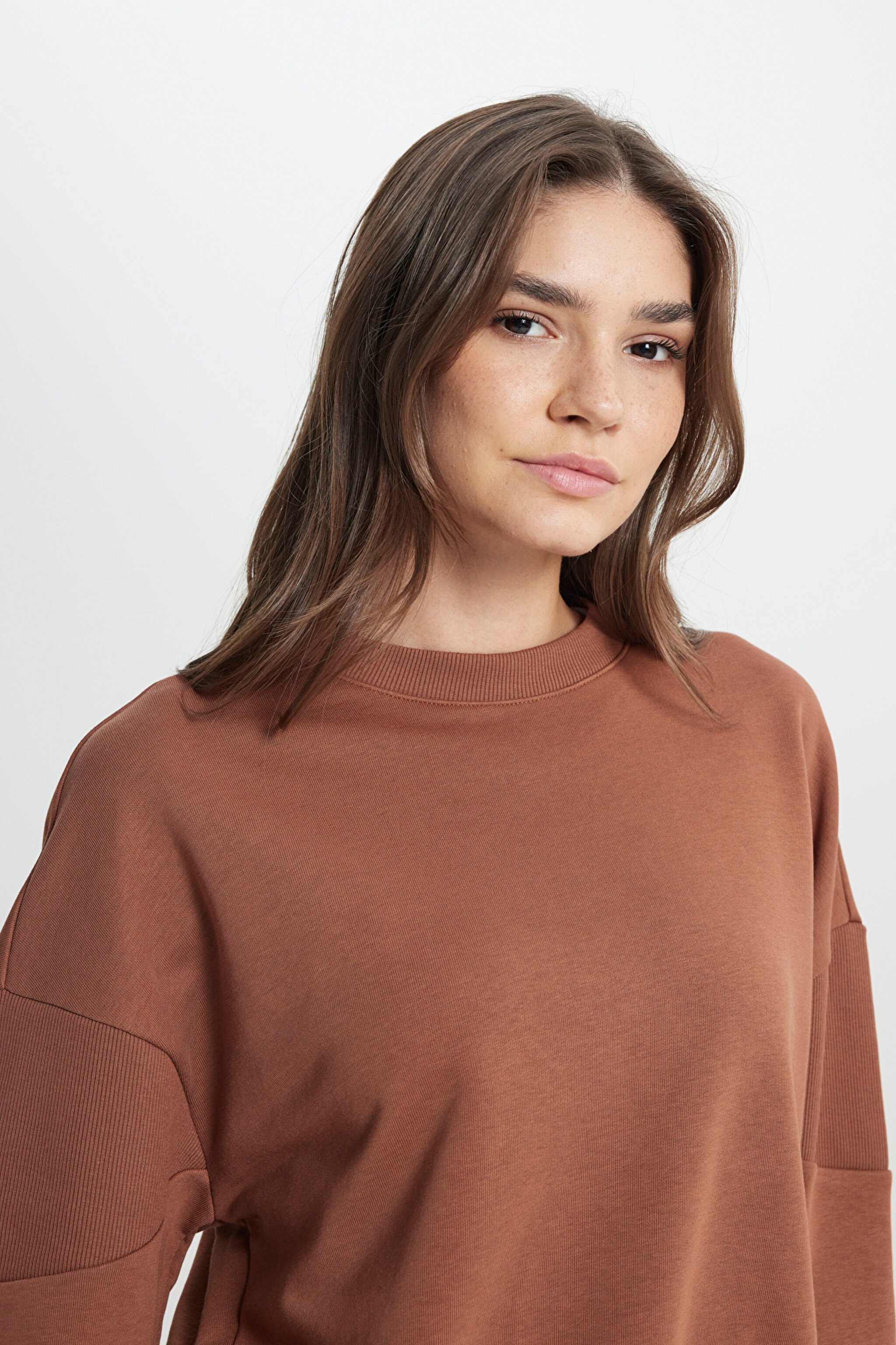 Relaxed Fit Geniş Kesim Bisiklet Yaka Deve Tüyü Sweatshirt - Dark Camel-W242451825 (görsel 6)