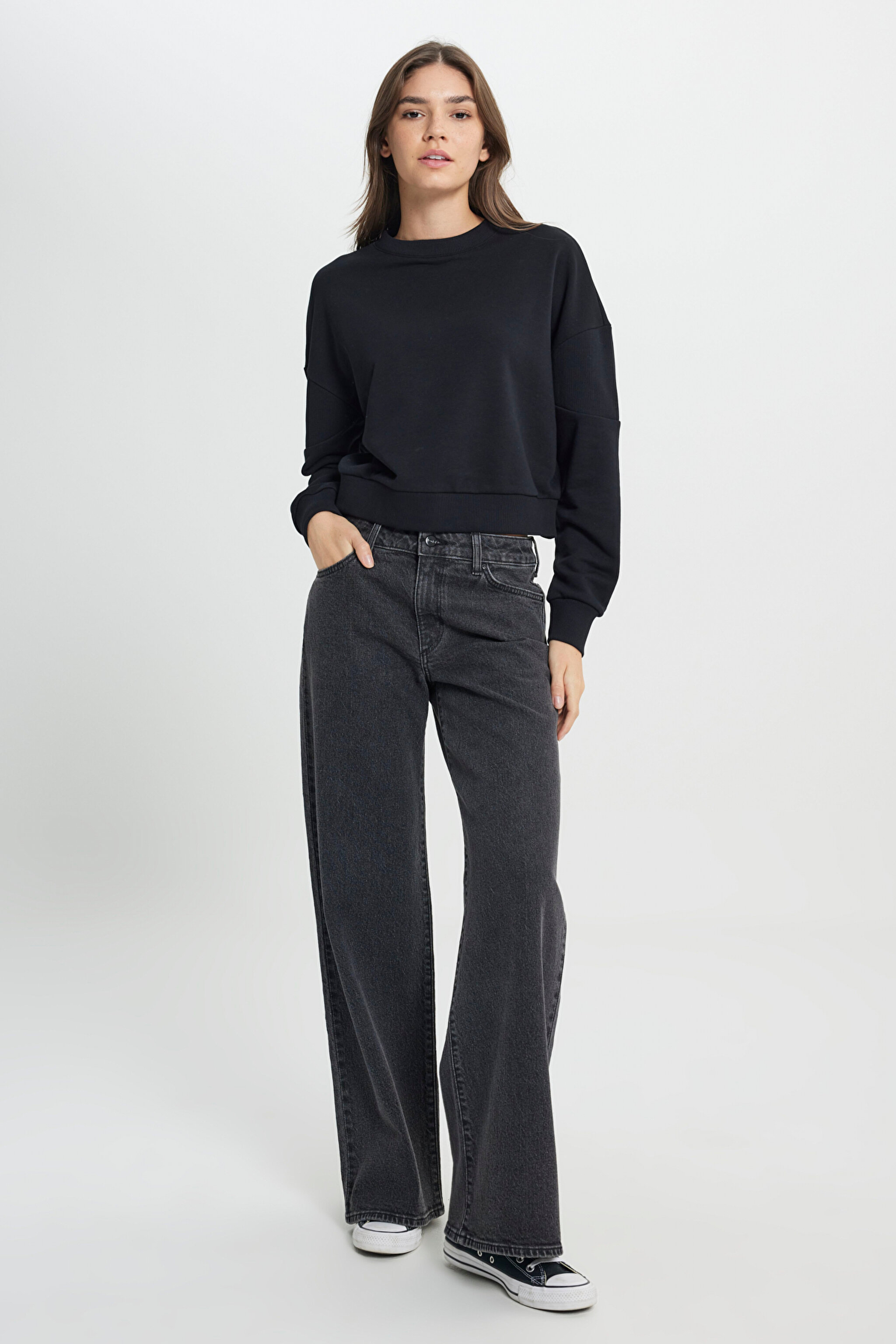 Relaxed Fit Geniş Kesim Bisiket Yaka Antrasit Sweatshirt - Faded Black-W242451XV6 (görsel 4)