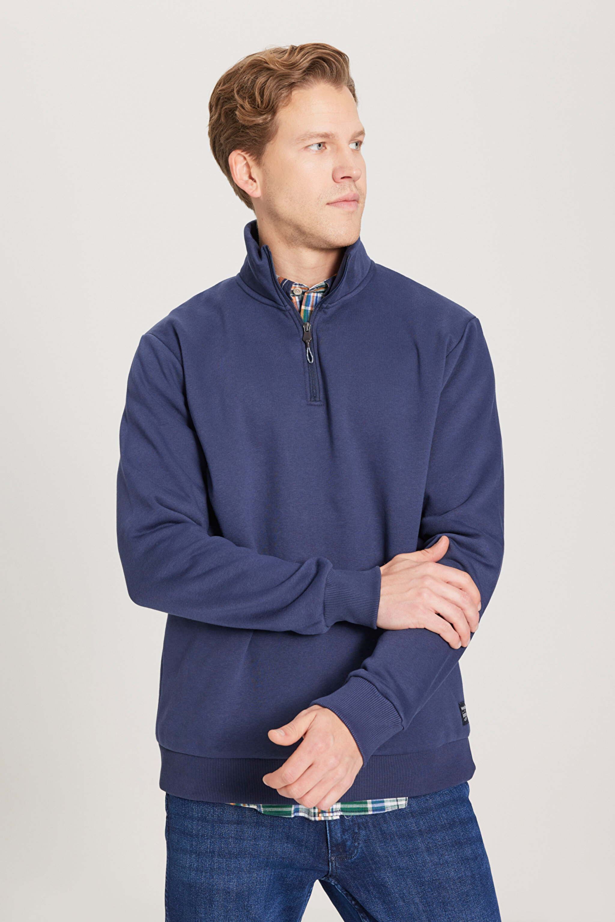 Regular Fit Normal Kesim Fermuarlı Yaka İçi Polarlı Lacivert Sweatshirt