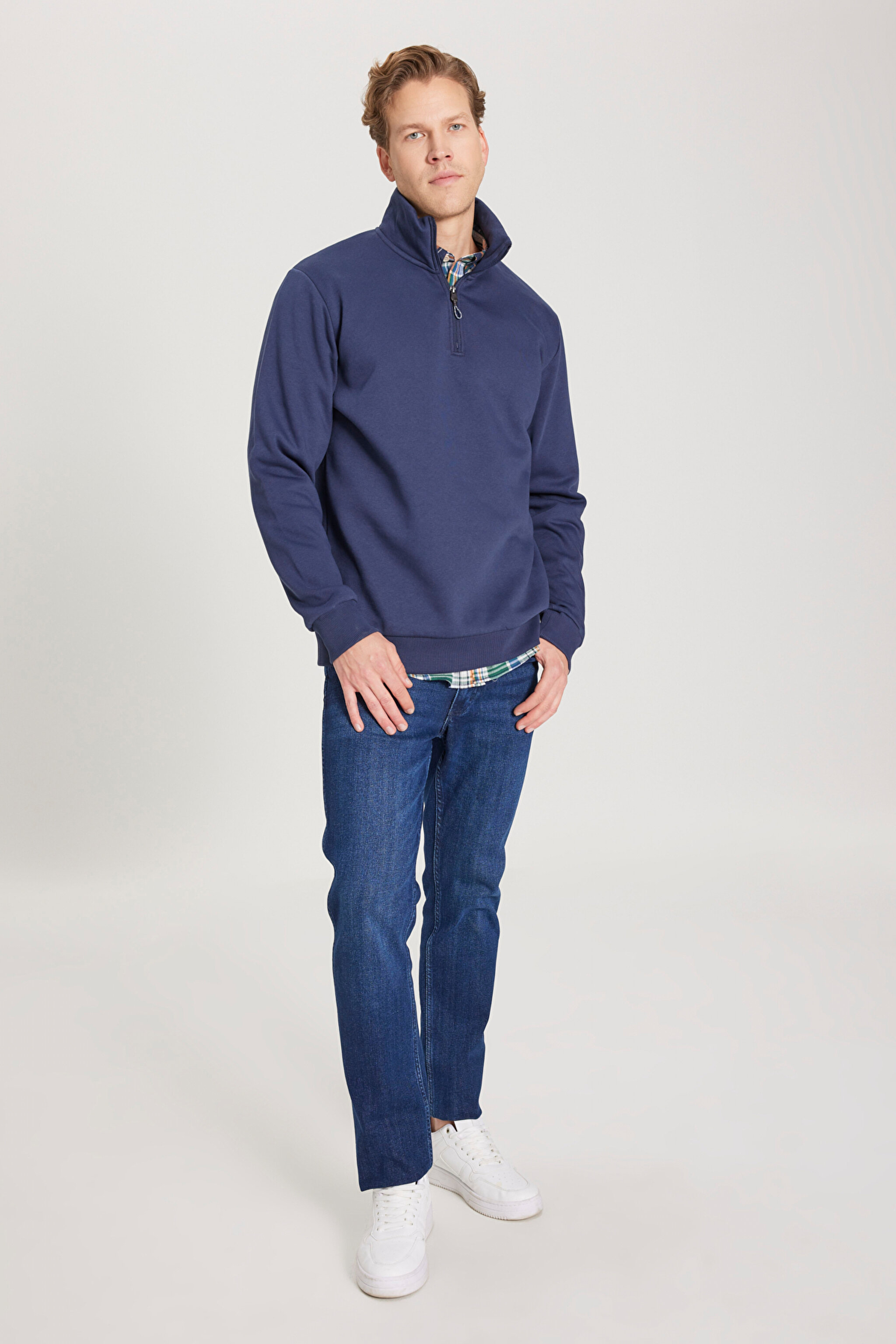 Regular Fit Normal Kesim Fermuarlı Yaka İçi Polarlı Lacivert Sweatshirt - Navy-W242471410 (görsel 3)
