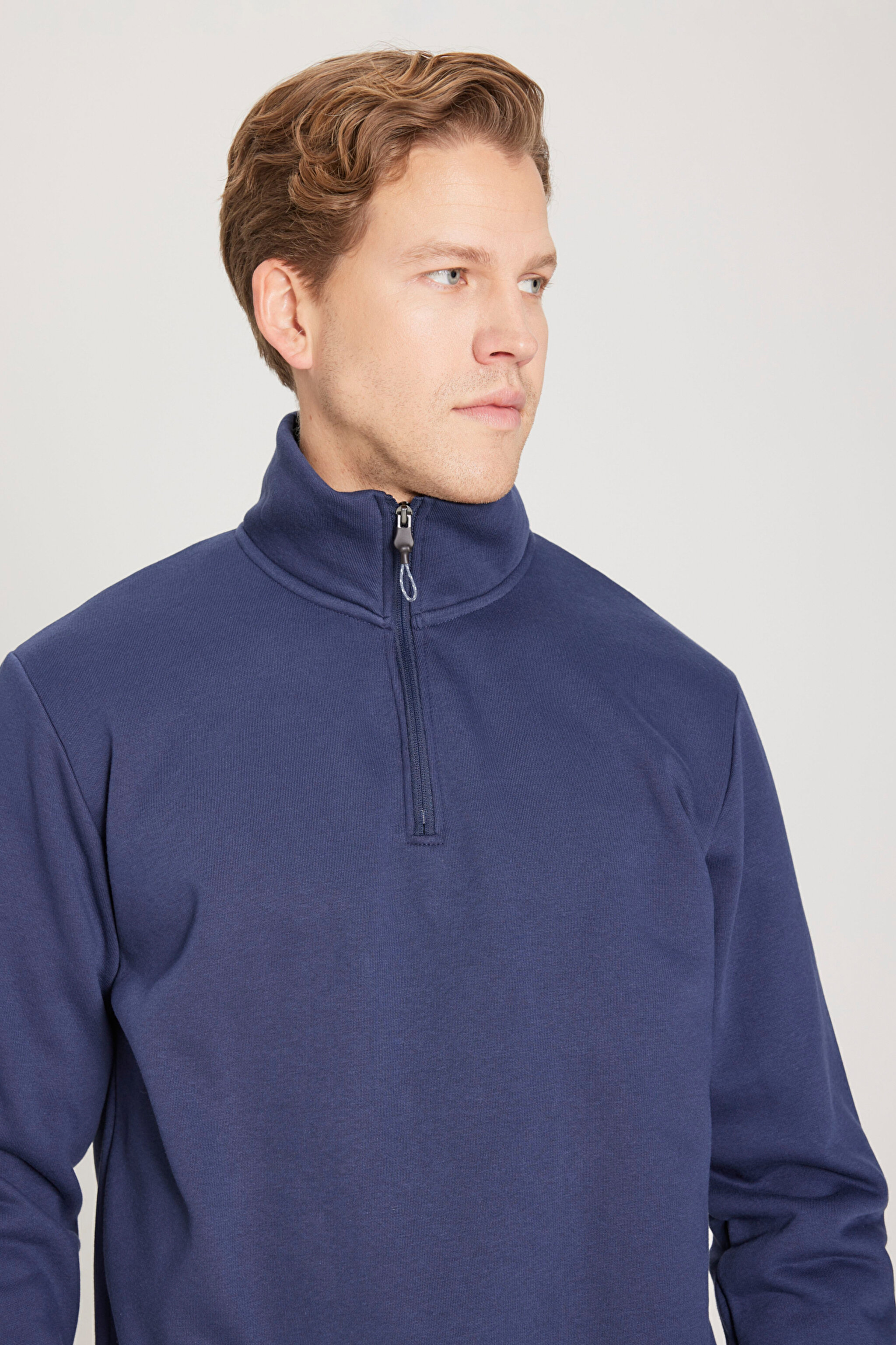 Regular Fit Normal Kesim Fermuarlı Yaka İçi Polarlı Lacivert Sweatshirt - Navy-W242471410 (görsel 4)