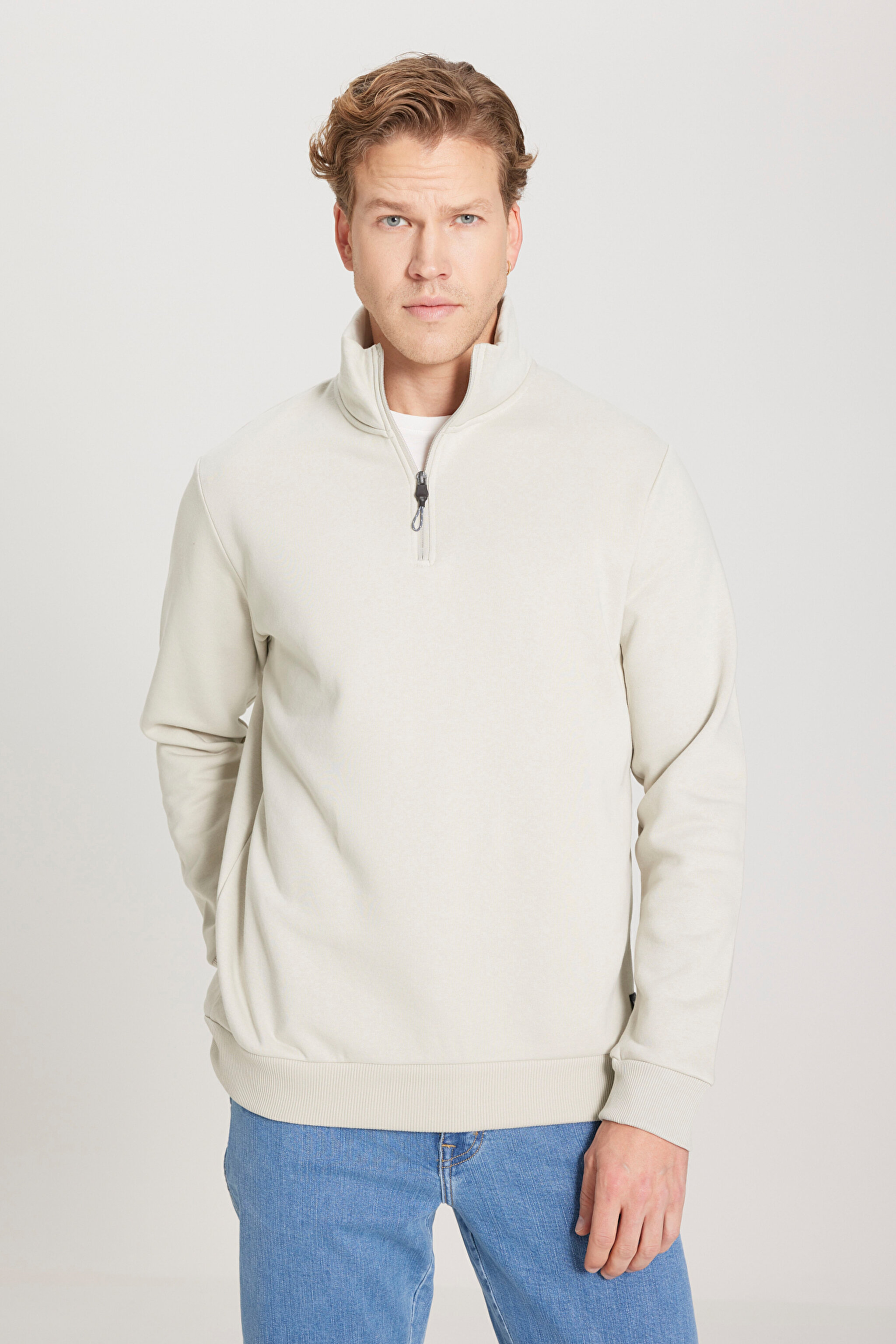 Regular Fit Normal Kesim Fermuarlı Yaka İçi Polarlı Bej Sweatshirt - Beige-W242471614 (görsel 2)