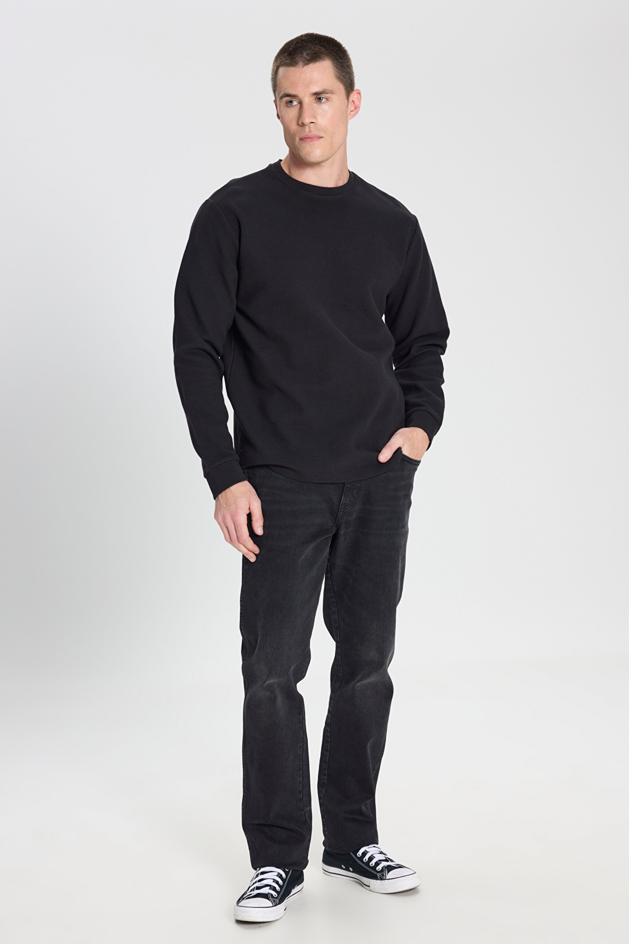 Regular Fit Normal Kesim Bisiklet Yaka %100 Pamuk Siyah Sweatshirt - Black-W242501001 (görsel 3)