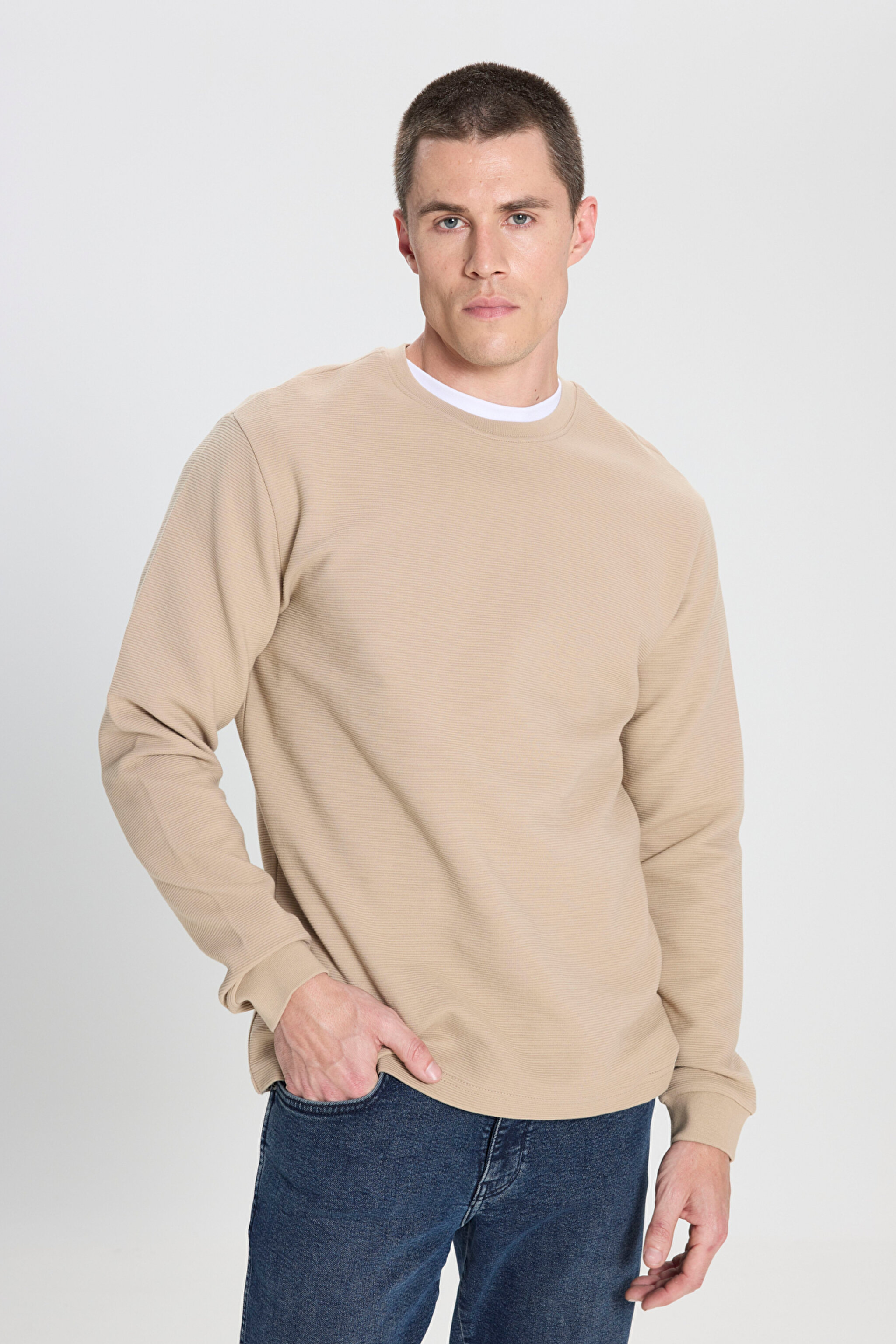 Regular Fit Normal Kesim Bisiklet Yaka %100 Pamuk Bej Sweatshirt - Beige-W242501614