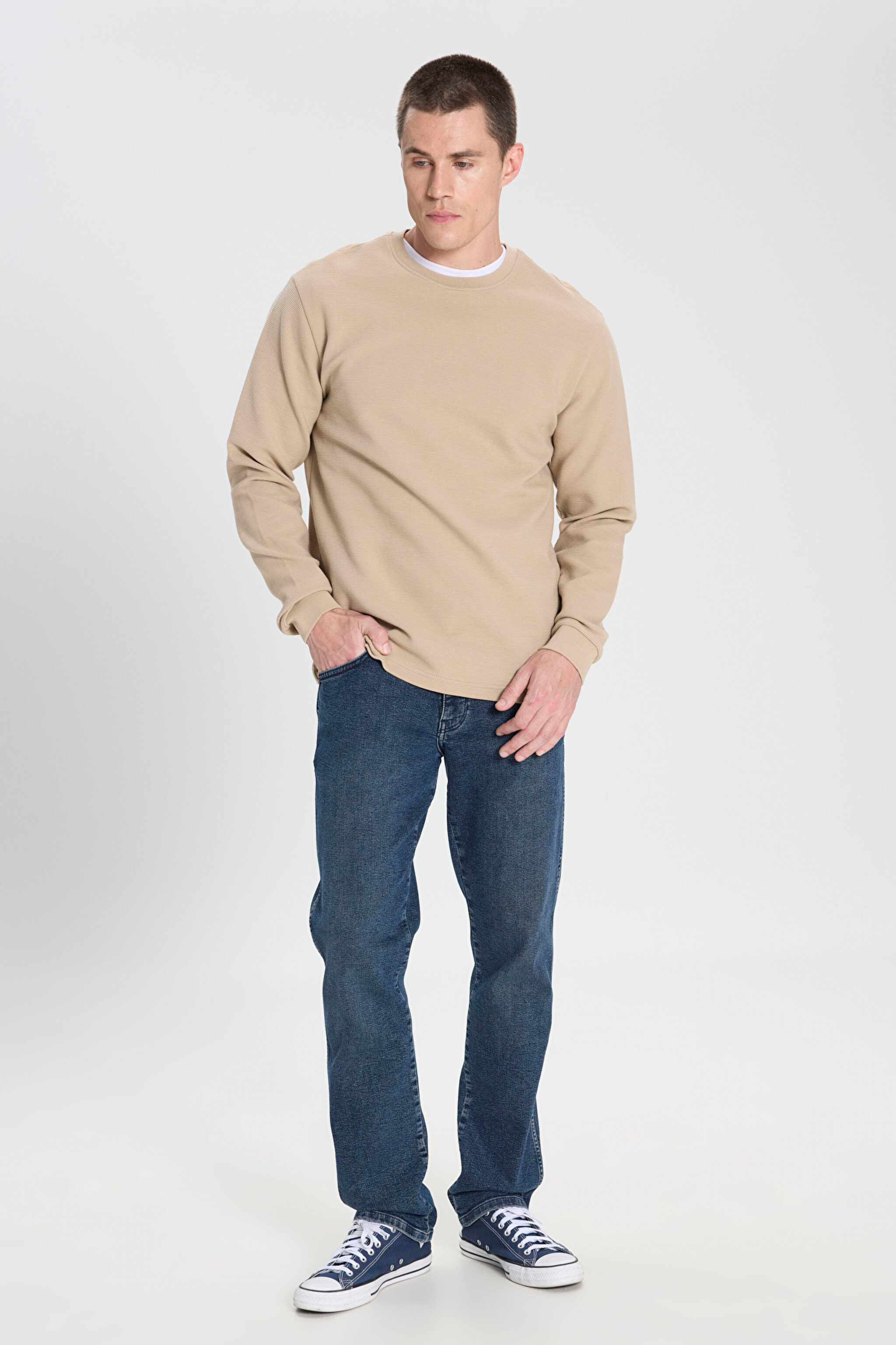 Regular Fit Normal Kesim Bisiklet Yaka %100 Pamuk Bej Sweatshirt - Beige-W242501614 (görsel 3)