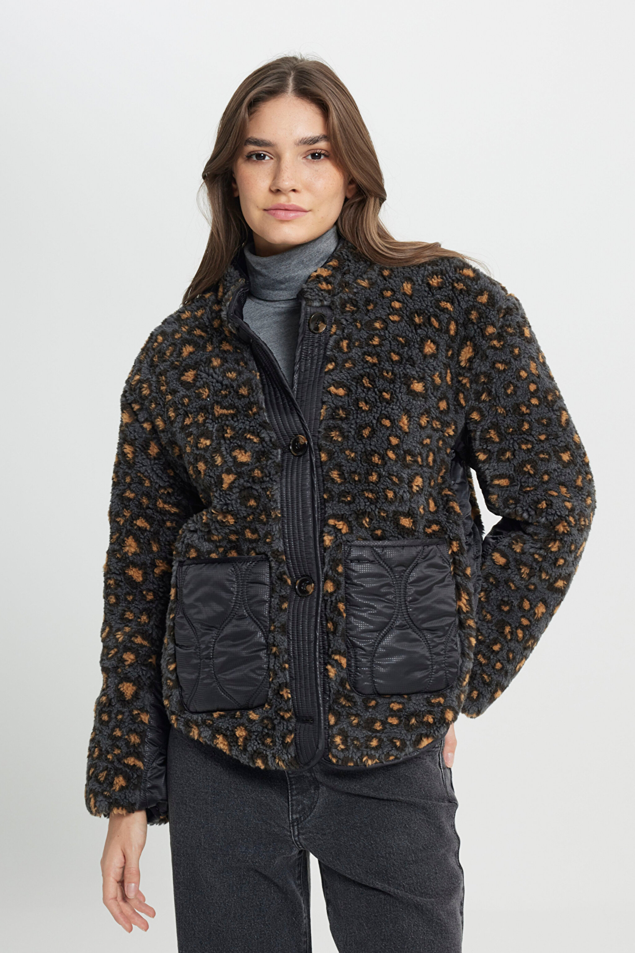 Loose Fit Rahat Kesim Çift Taraflı Antrasit Bomber Ceket - Anthracite-W242551003 (görsel 3)