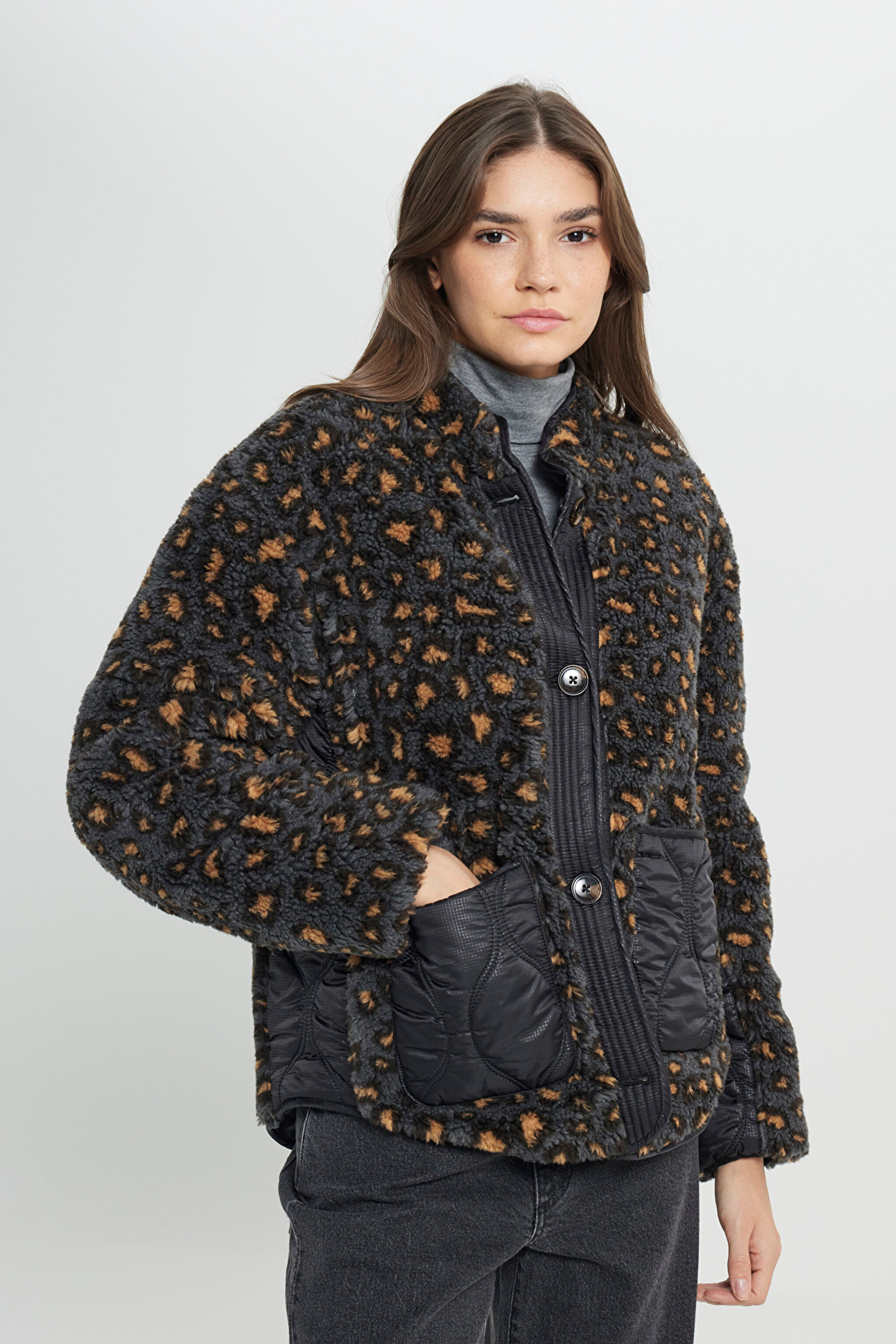 Loose Fit Rahat Kesim Çift Taraflı Antrasit Bomber Ceket - Anthracite-W242551003 (görsel 4)