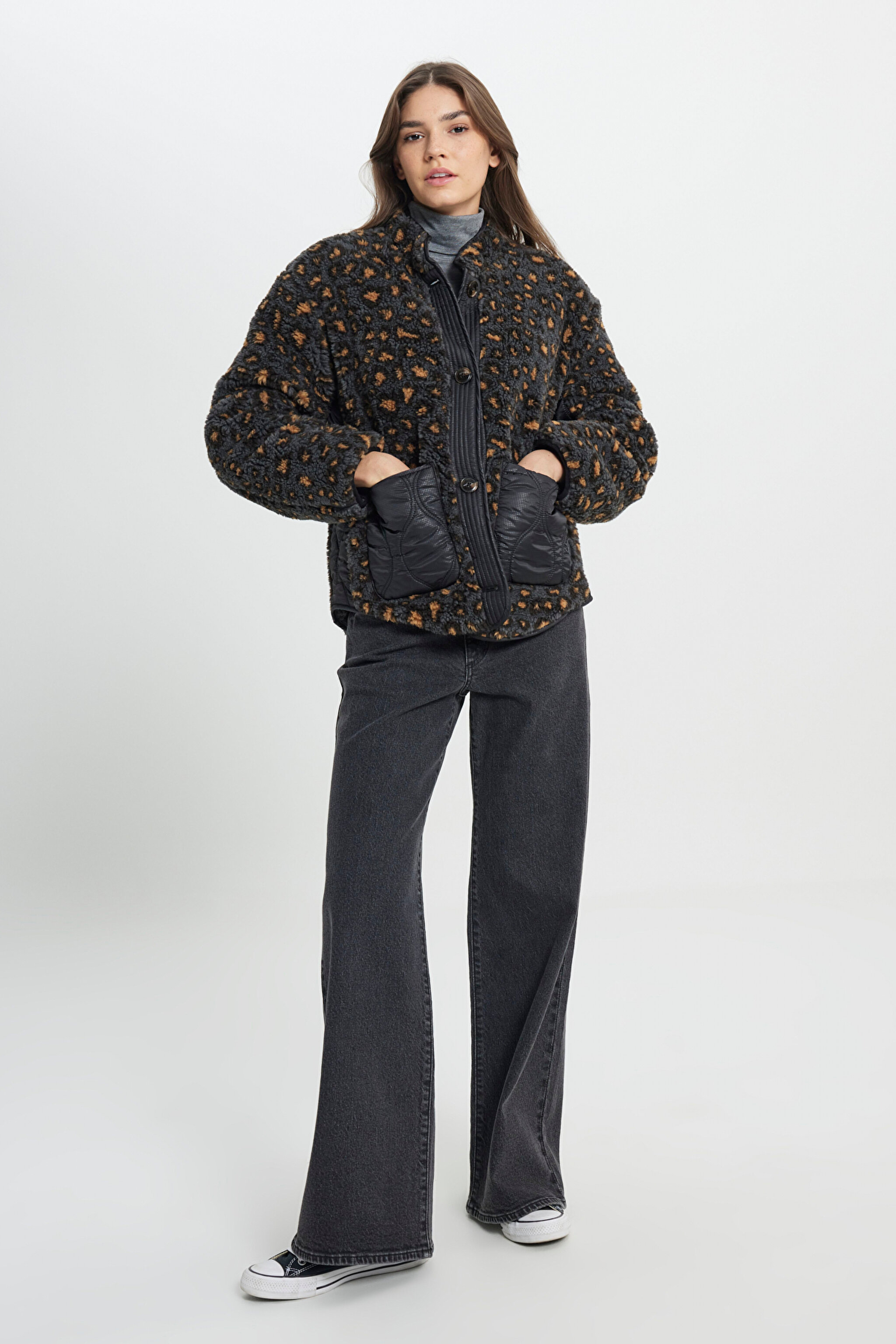 Loose Fit Rahat Kesim Çift Taraflı Antrasit Bomber Ceket - Anthracite-W242551003 (görsel 5)