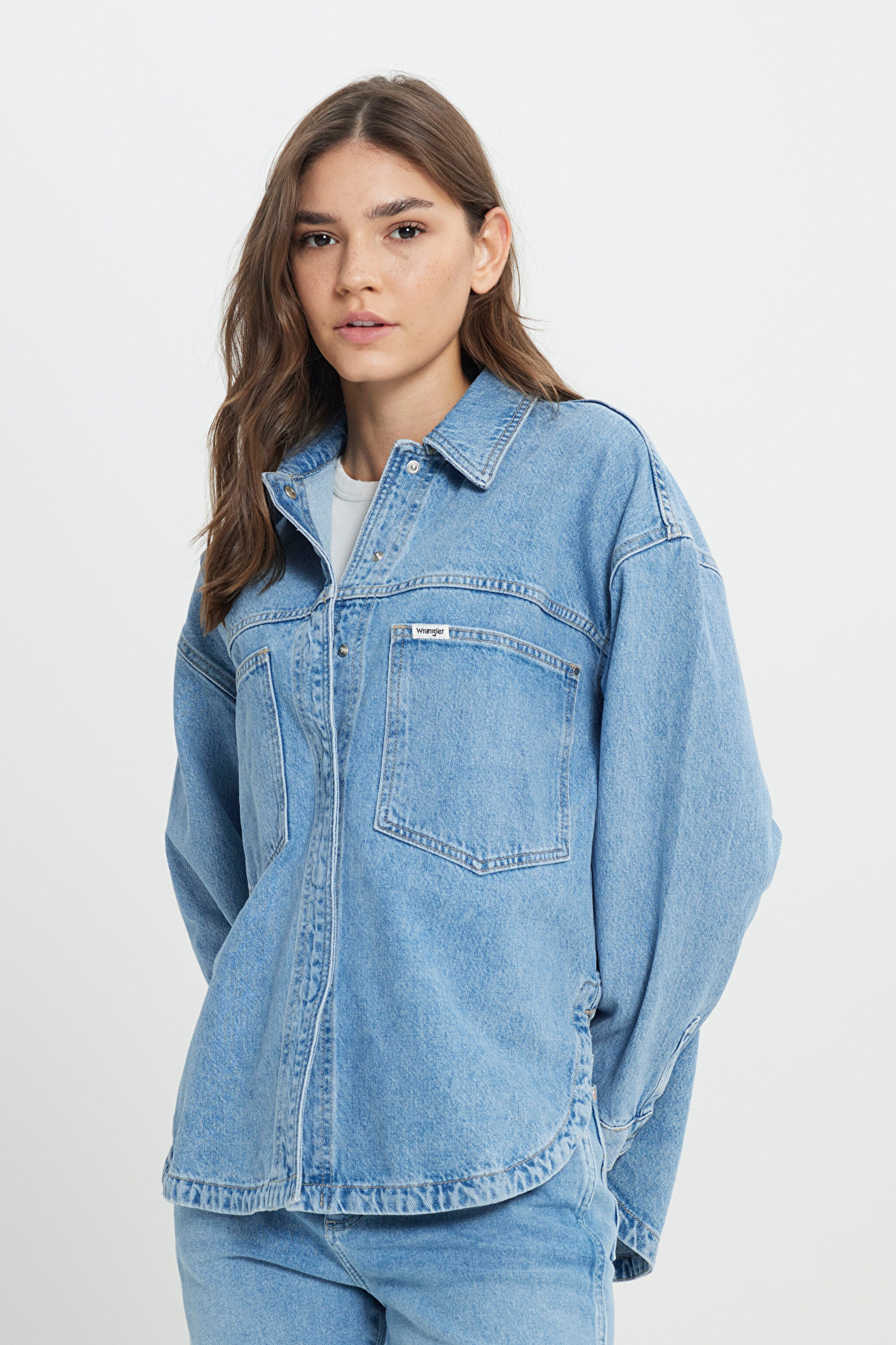 Relaxed Fit Geniş Kesim %100 Pamuk İndigo Jean Denim Gömlek - Light Indigo-W242554319 (görsel 2)