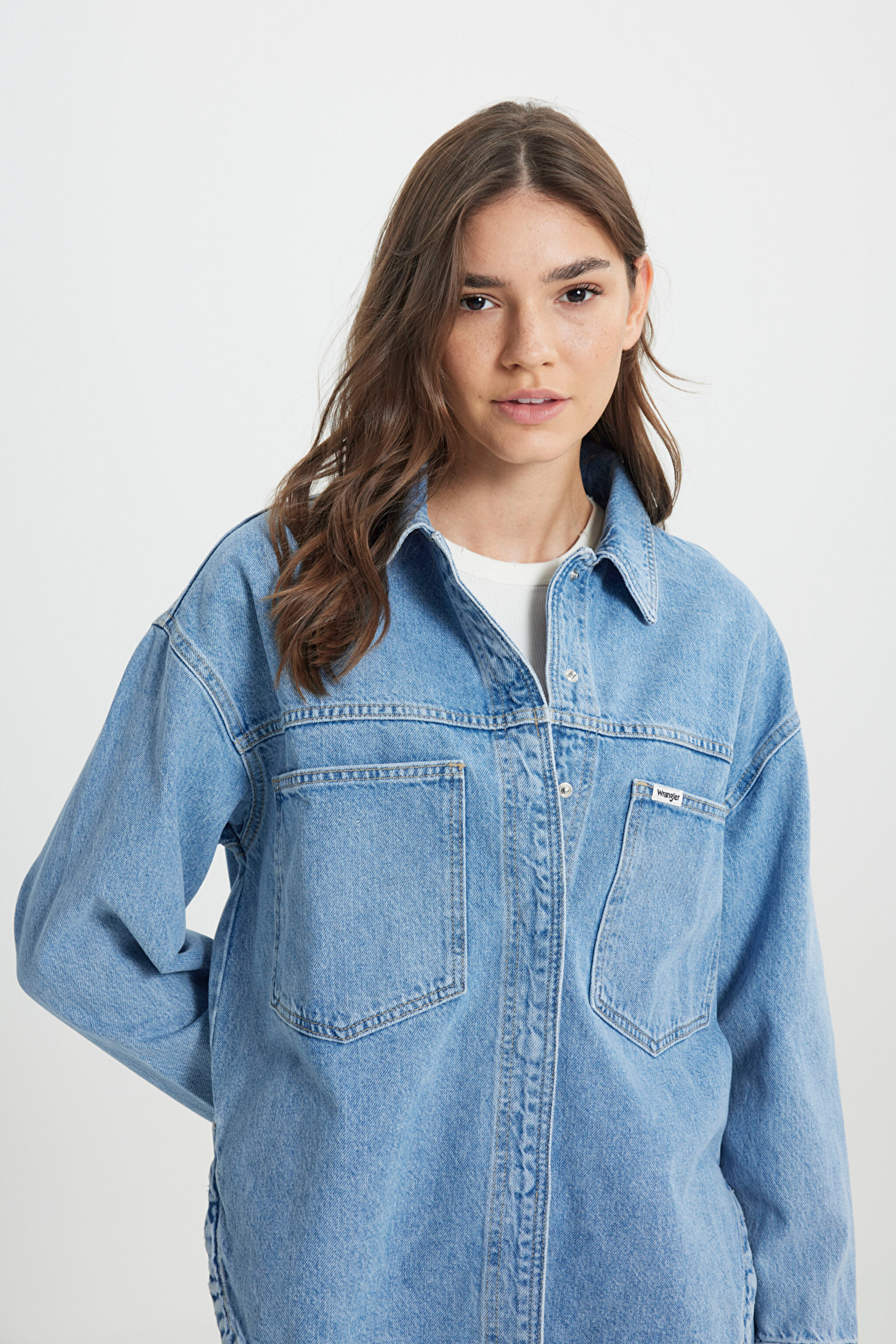 Relaxed Fit Geniş Kesim %100 Pamuk İndigo Jean Denim Gömlek - Light Indigo-W242554319 (görsel 3)