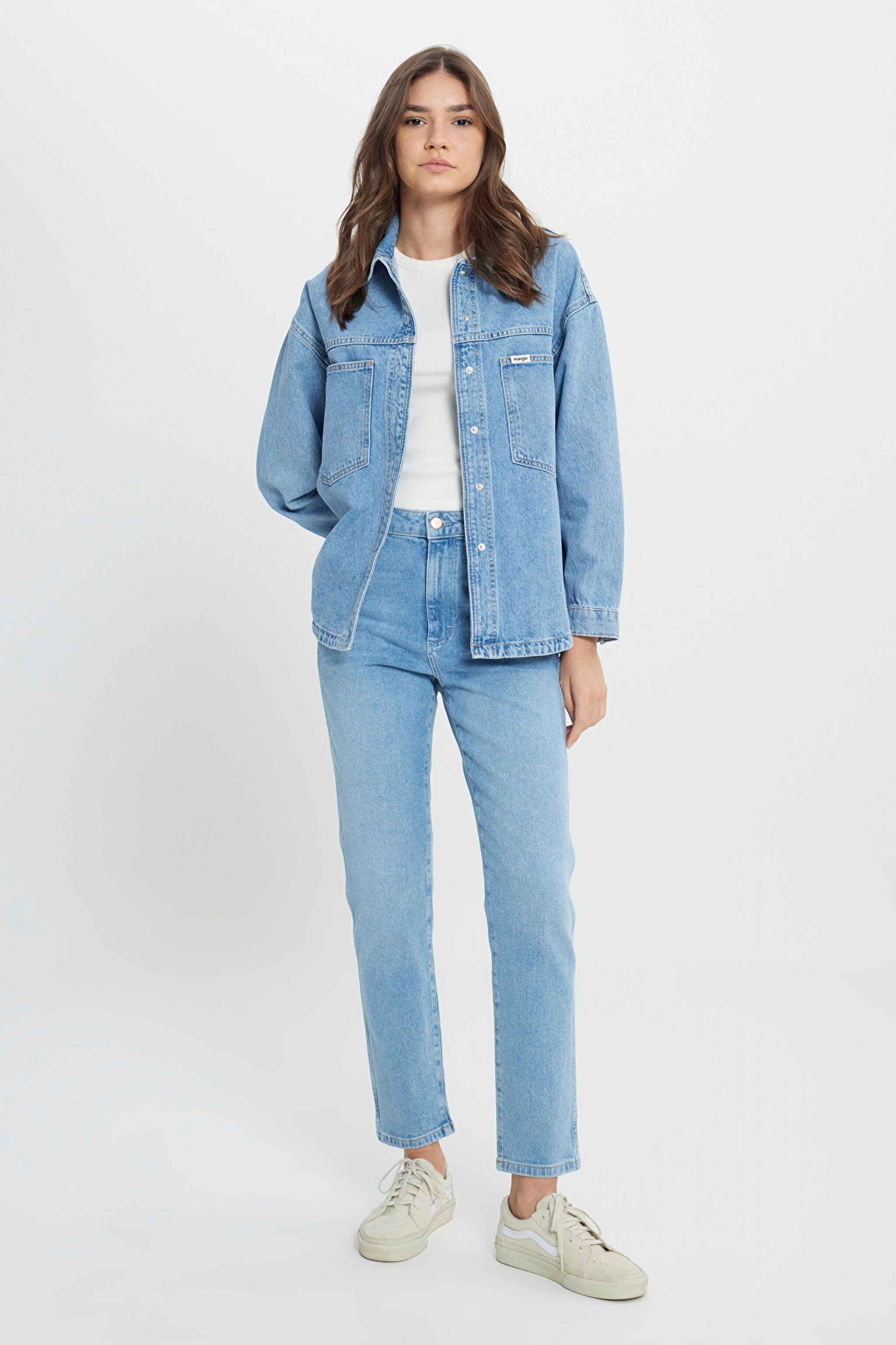 Relaxed Fit Geniş Kesim %100 Pamuk İndigo Jean Denim Gömlek - Light Indigo-W242554319 (görsel 4)