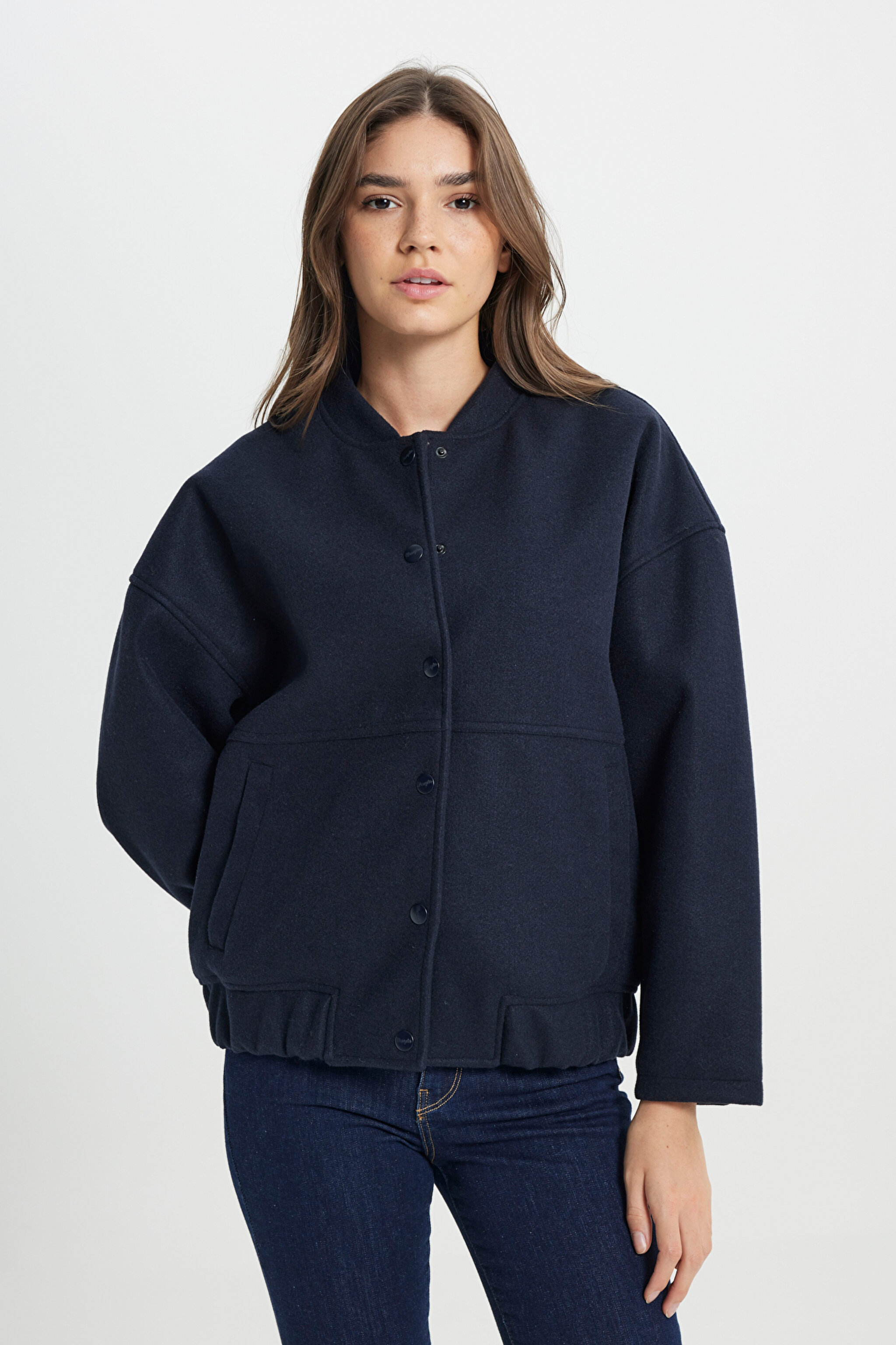 Loose Fit Rahat Kesim Lacivert Bomber Ceket - Navy-W242555410