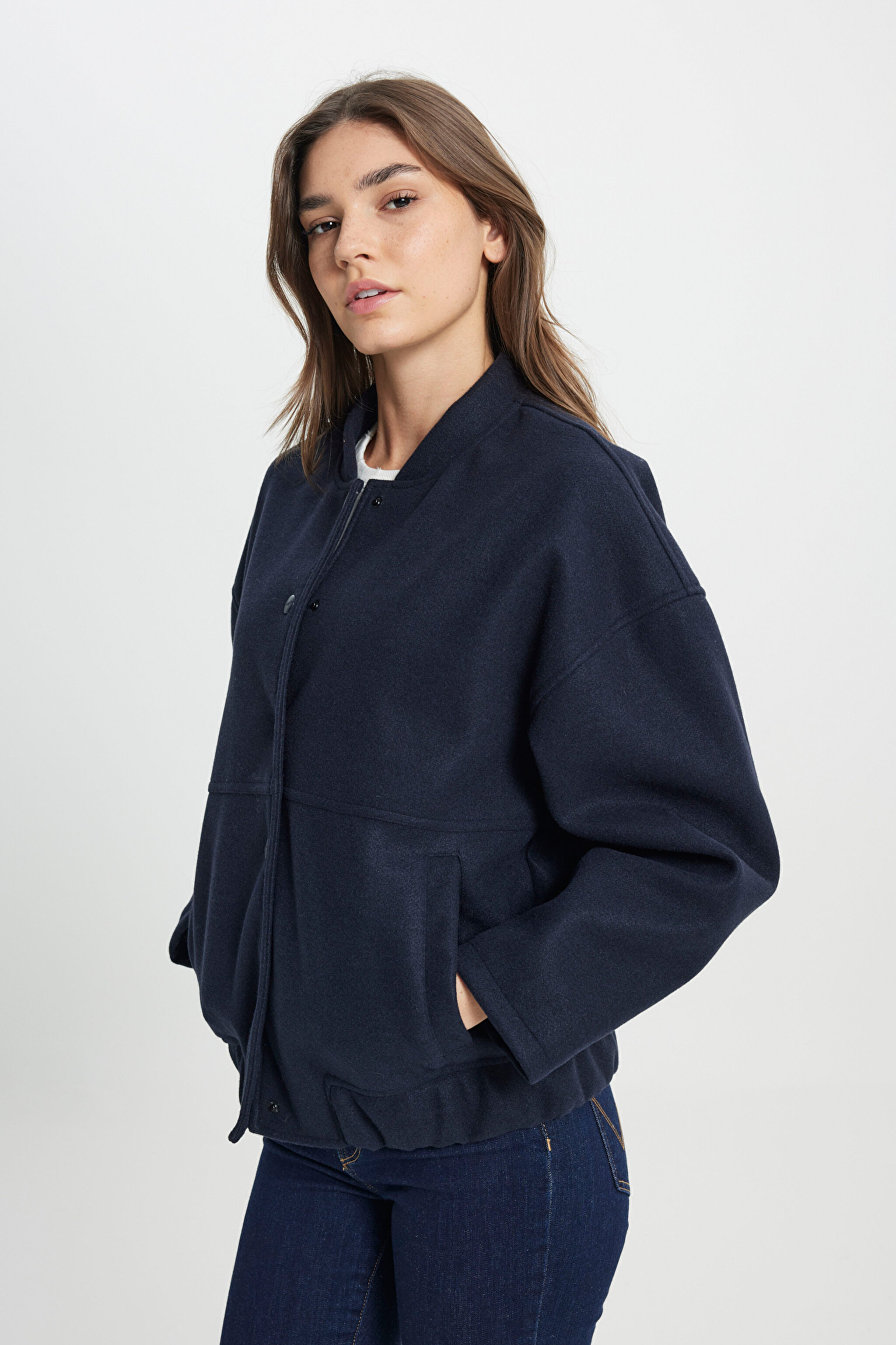 Loose Fit Rahat Kesim Lacivert Bomber Ceket - Navy-W242555410 (görsel 3)