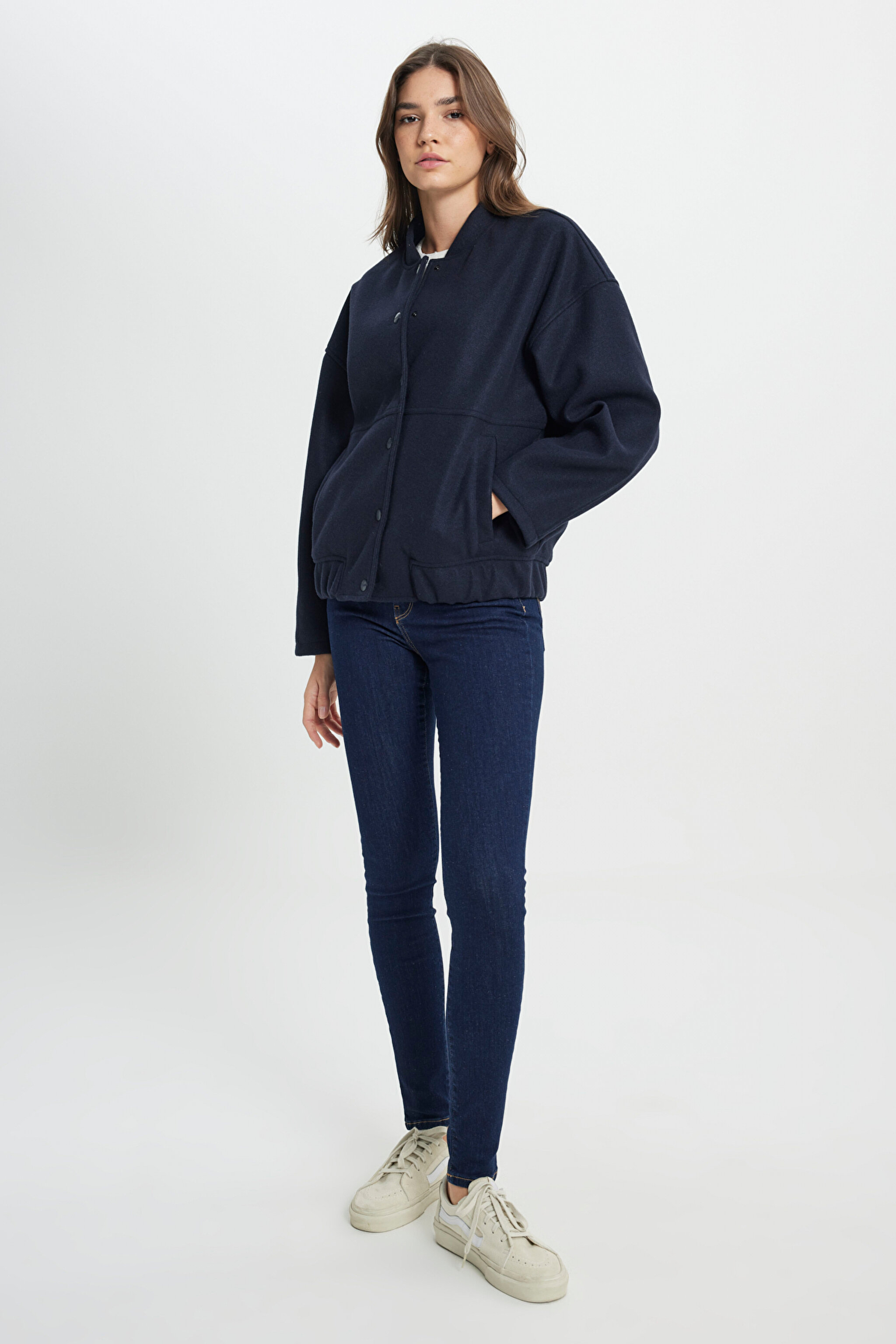 Loose Fit Rahat Kesim Lacivert Bomber Ceket - Navy-W242555410 (görsel 4)
