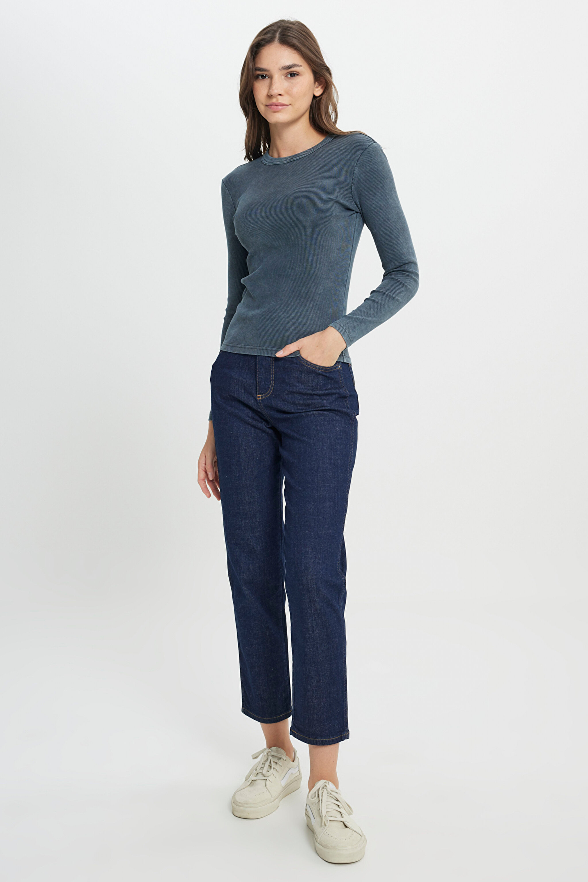 Slim Fit Dar Kesim Bisiklet Yaka Koyu Mavi Tişört - Indigo-W242576315 (görsel 3)