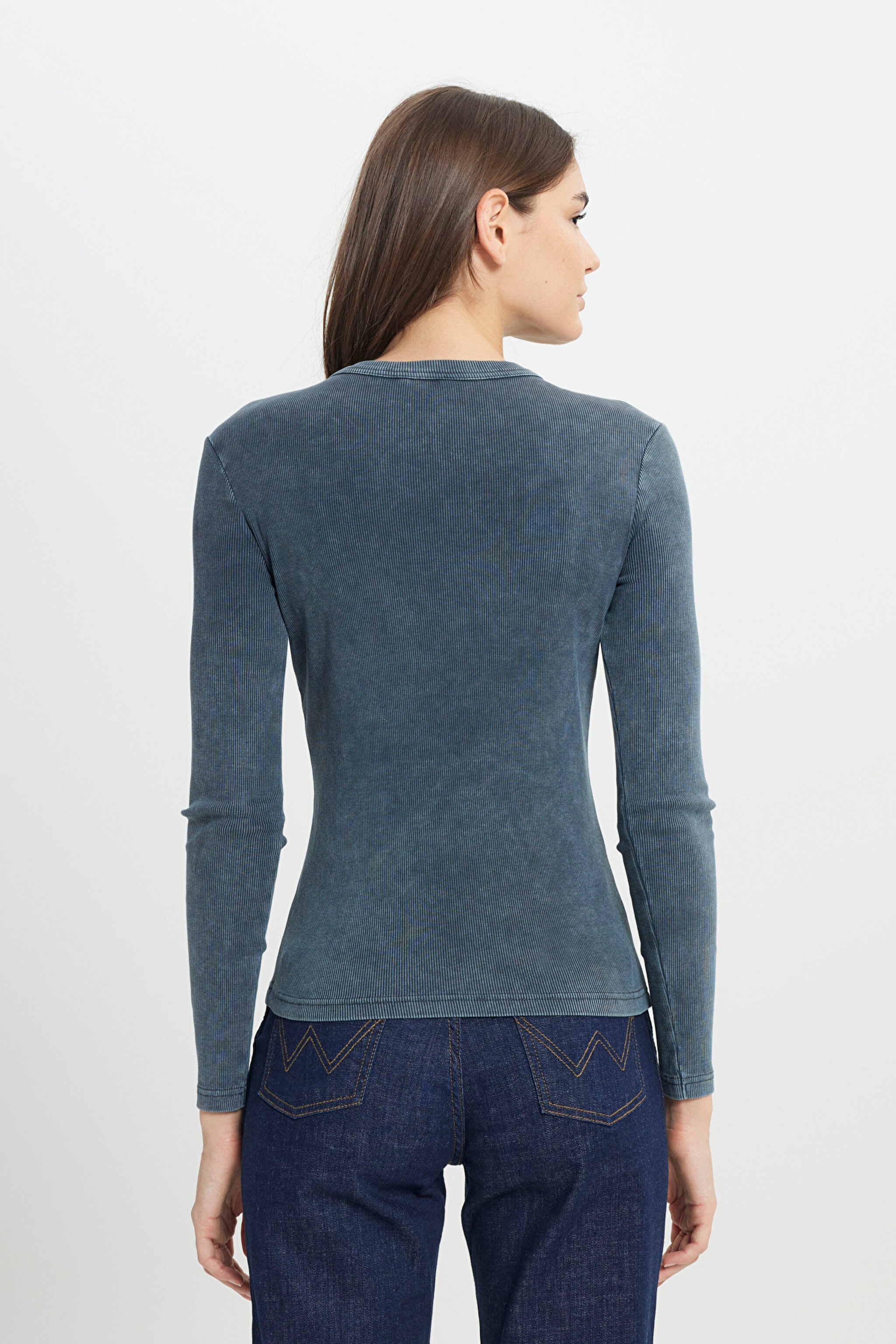 Slim Fit Dar Kesim Bisiklet Yaka Koyu Mavi Tişört - Indigo-W242576315 (görsel 5)