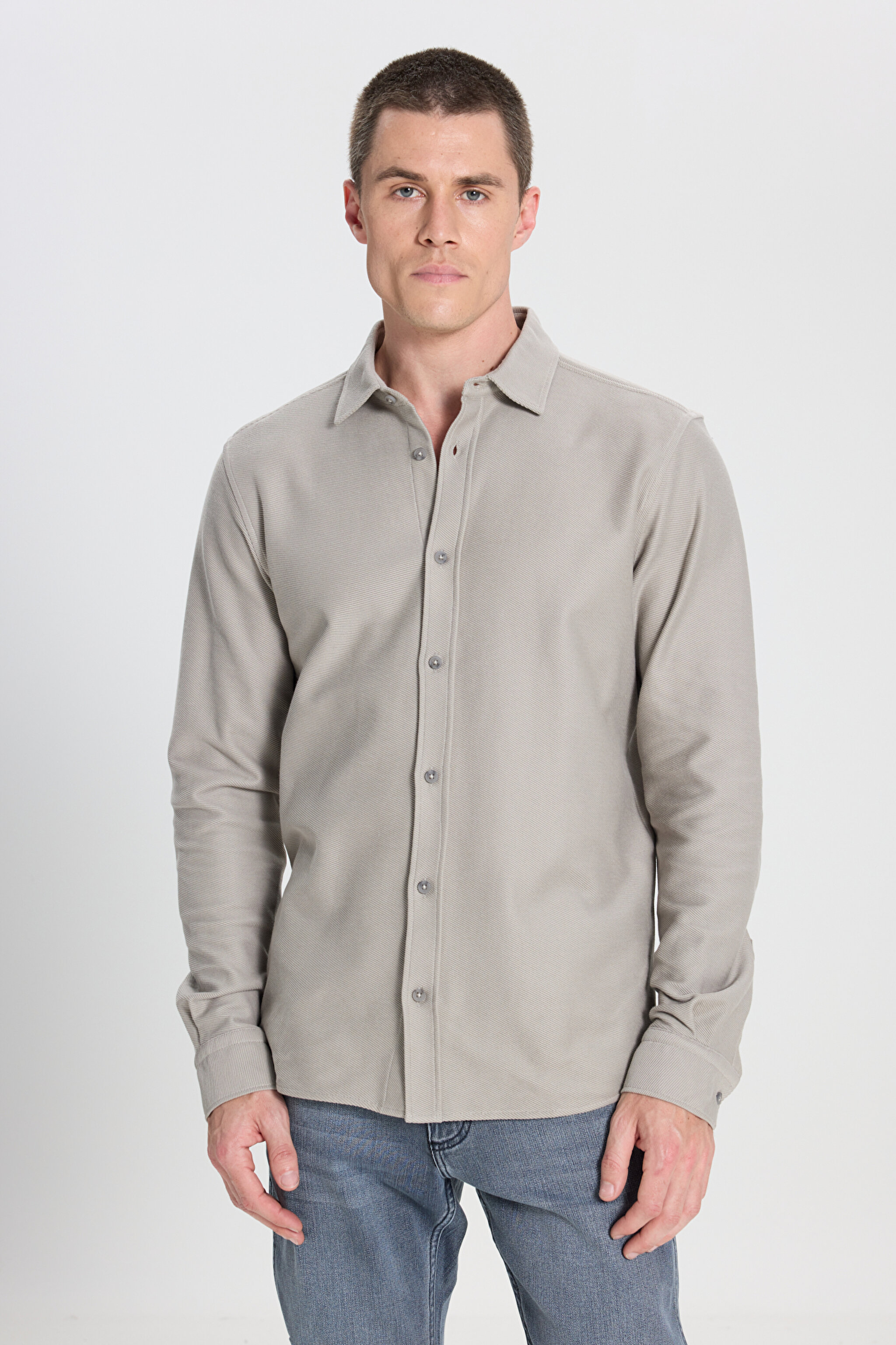 Regular Fit Normal Kesim %100 Pamuk Taş Rengi Gömlek - Stone-W242585013