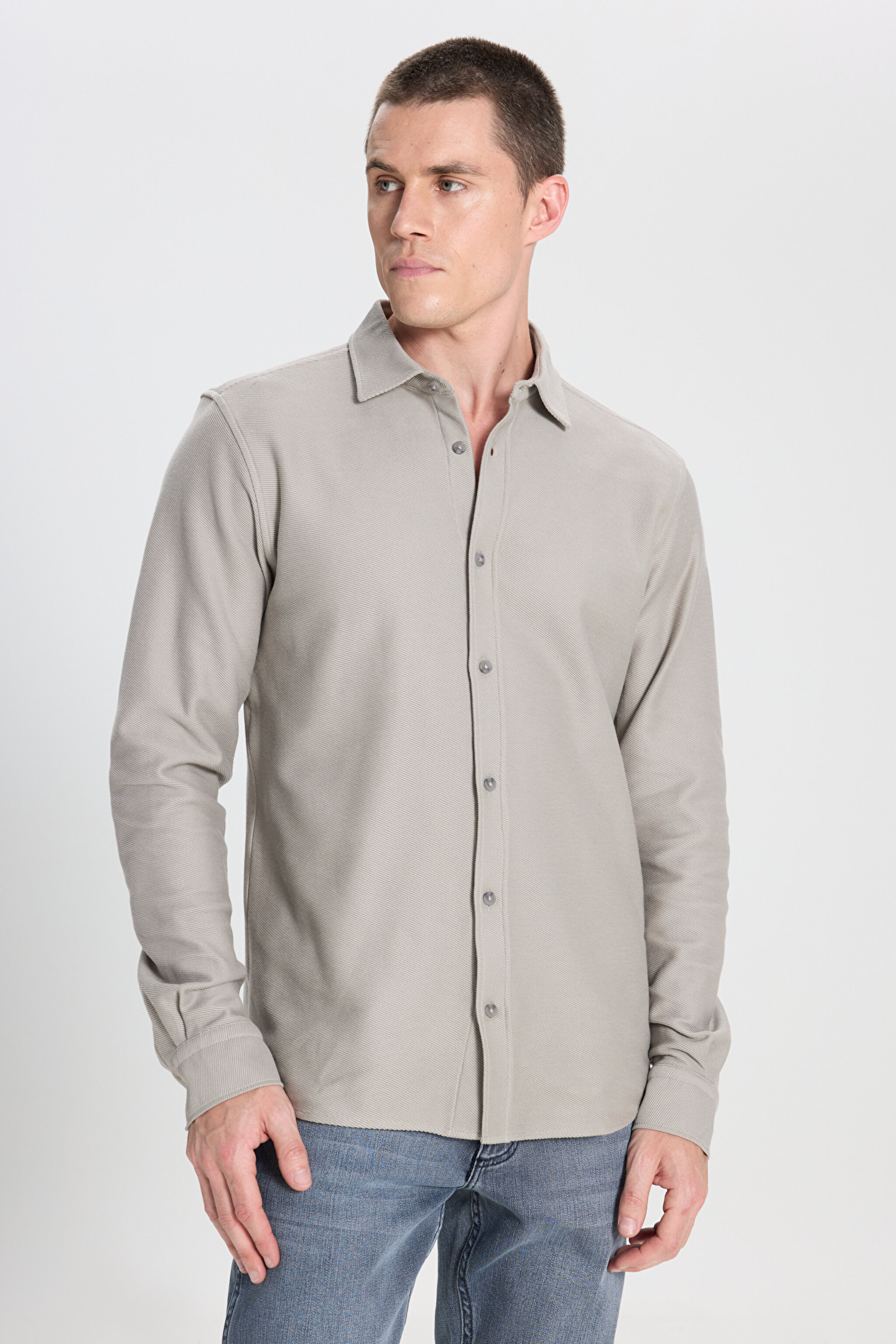 Regular Fit Normal Kesim %100 Pamuk Taş Rengi Gömlek - Stone-W242585013 (görsel 2)